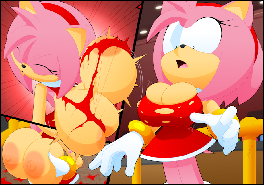 slickehedge, amy rose, sonic (series), anthro, breast expansion, breast growth, breasts, expansion, female, furry, growth, huge breasts, large breasts, red dress, solo, solo female, solo focus, torn clothes, torn dress, 