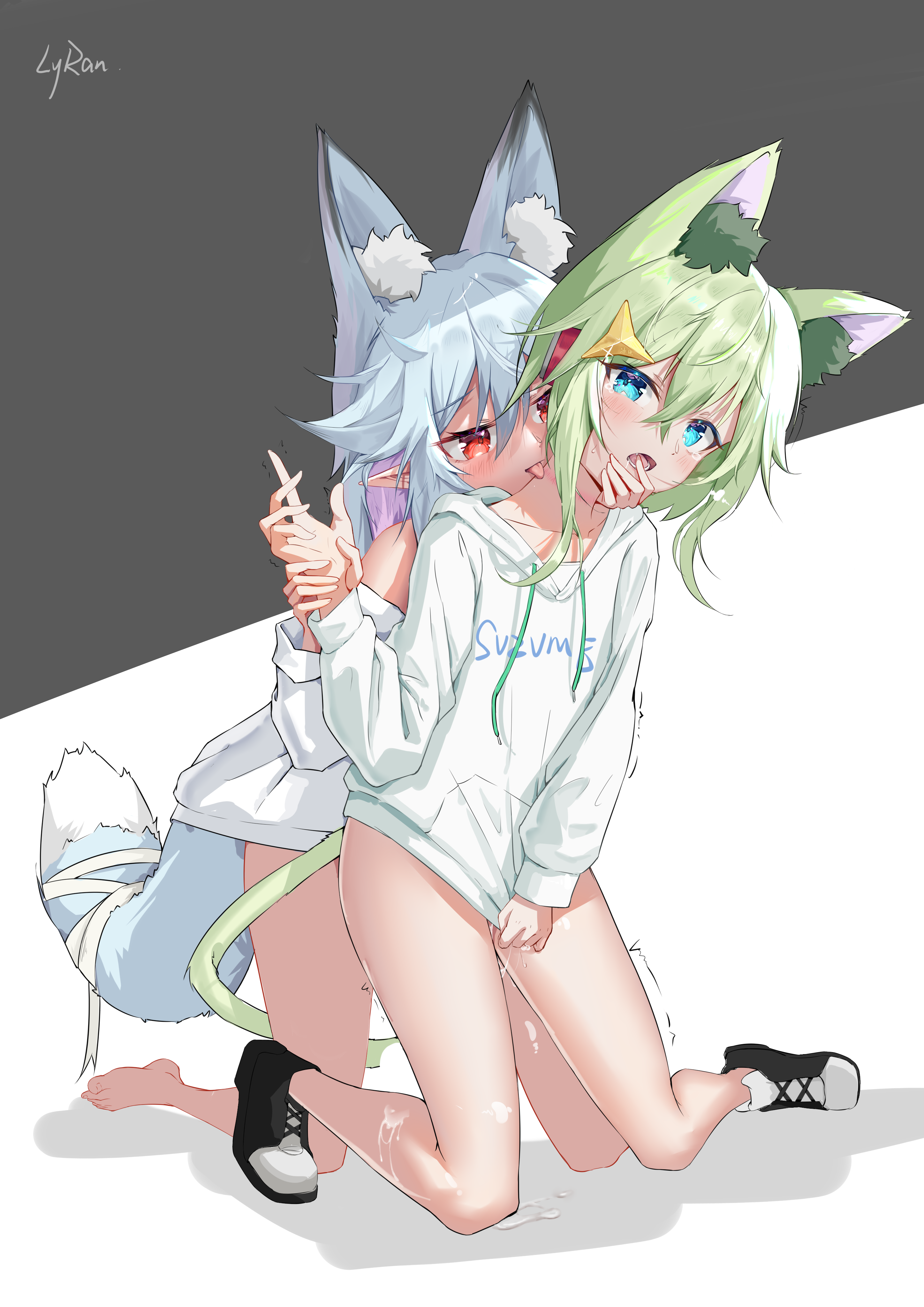 2girls :p absurdres animal_ear_fluff animal_ears assertive_female bare_legs barefoot blue_eyes blue_hair cat_ears cat_girl cat_tail colored_inner_hair female finger_in_another's_mouth fox_ears fox_girl fox_tail full_body highres holding_another's_wrist hood hood_down hoodie hoodie_tug kneeling licking licking_another's_neck long_sleeves lyran multicolored_hair multiple_females multiple_girls no_pants oerba_yun_fang original pointy_ears purple_hair pussy pussy_juice red_eyes short_hair tail tears tongue tongue_out twitching white_hoodie yuri