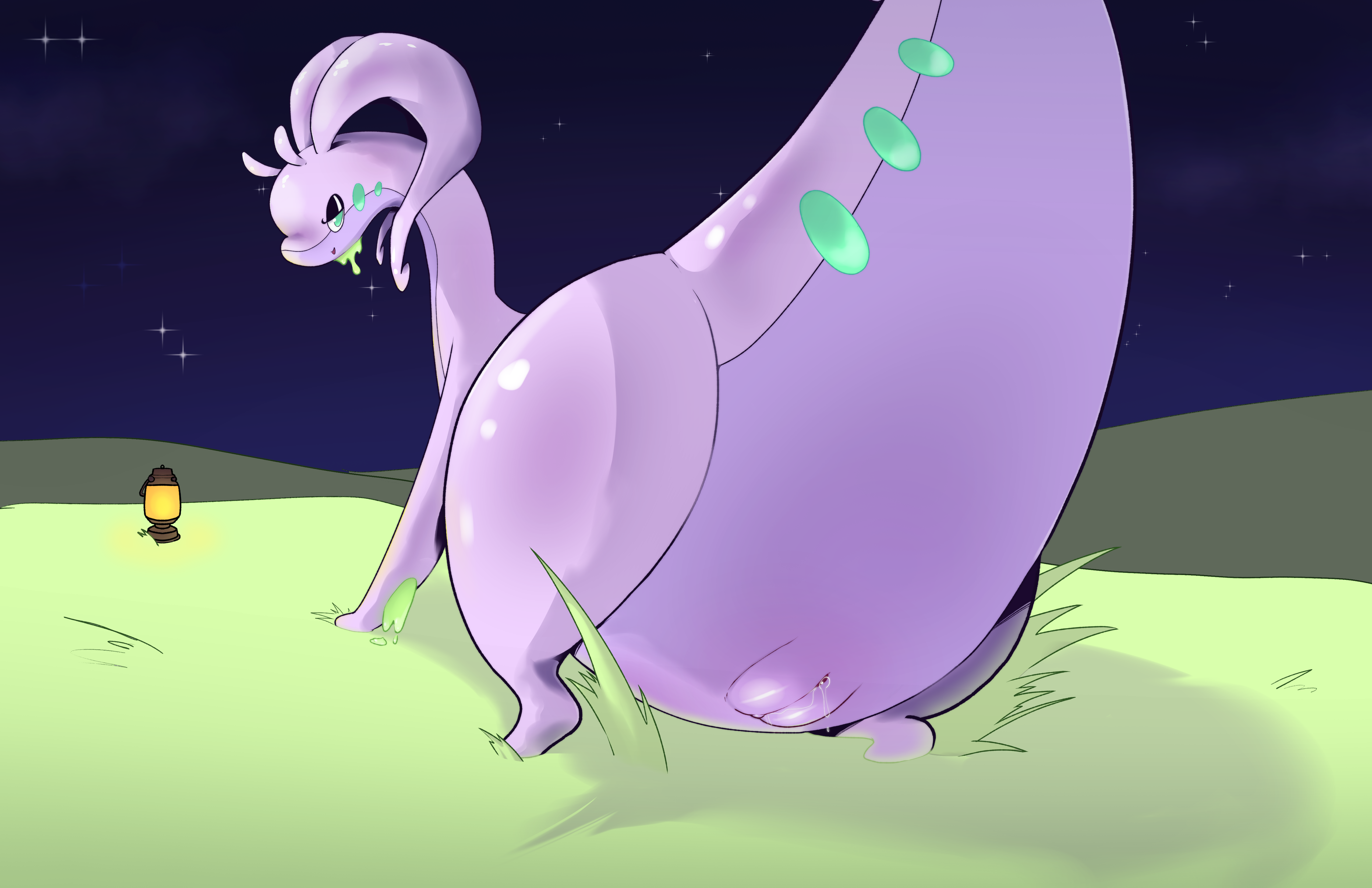 1girls bedroom female female_focus female_only goo goo_creature goodra horny horny_female lying_on_side night pokemon pokemon_(species) puffy_pussy pussy pussy_juice rippledvoice self_upload simple_background tail tail_markings
