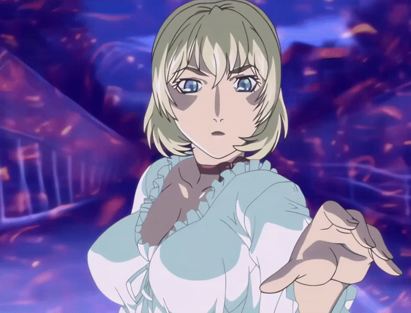 1girls 2007 american animated anime_screenshot attack bible_black bible_black_new_testament blonde_hair blue_eyes bouncing_breasts bow breasts choker crazy_smile dress energy_beam female glowing_eyes jody_crowley large_breasts lips nightgown reaching shin_bible_black shiny_skin short_hair smile solo tagme white_dress witch