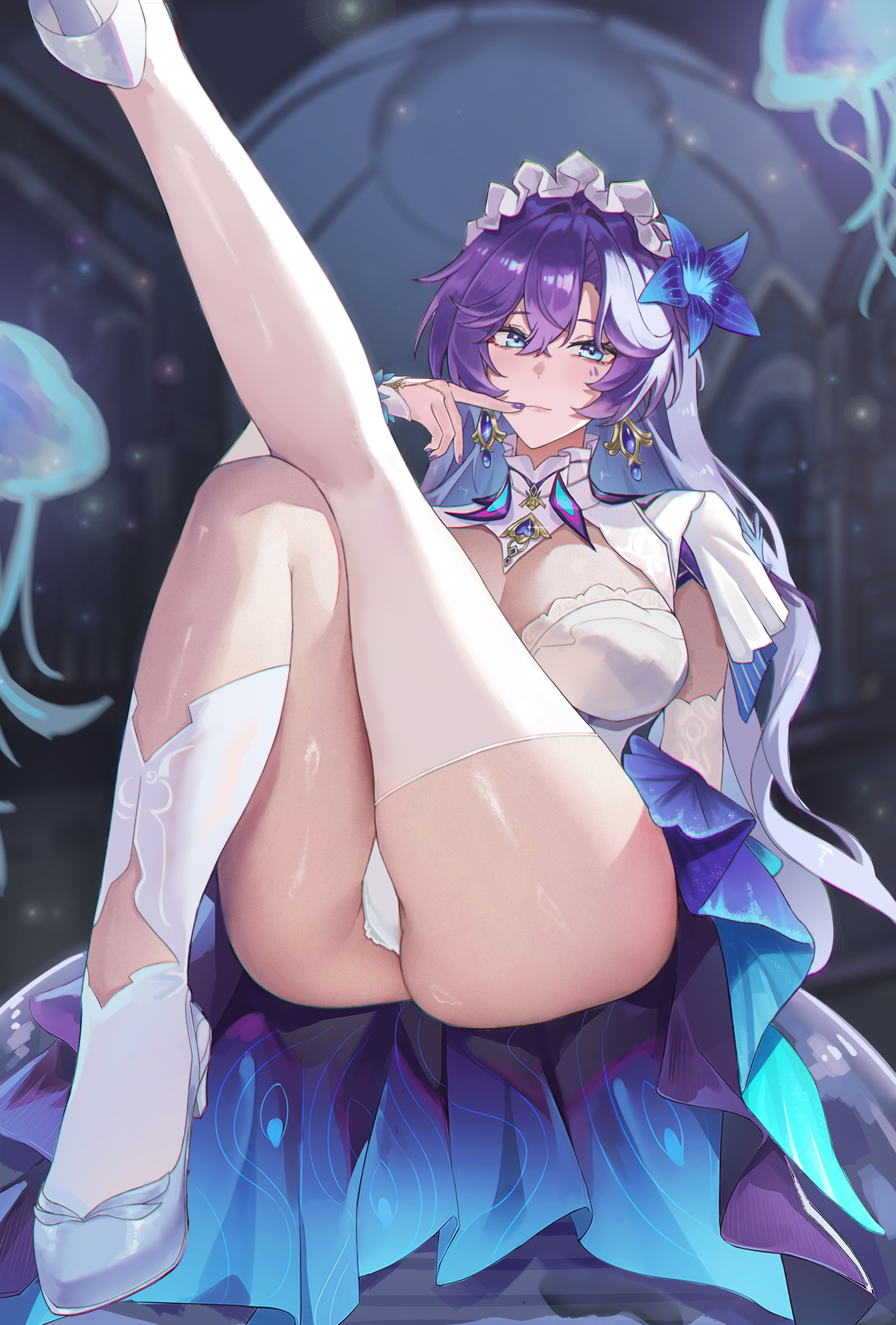 a-chuang absurdres ass asymmetrical_legwear blue_eyes blue_flower blue_hair breasts cantarella_(wuthering_waves) closed_mouth colored_inner_hair commentary crop_top earrings facial_mark female finger_to_mouth flower hair_between_eyes hair_flower hair_ornament headdress high_heels highres huge_ass jellyfish jewelry large_breasts leg_up legwear_cutout long_hair looking_at_viewer mark_under_eye multicolored_hair nail_polish panties purple_hair purple_nails shoes shrug_(clothing) single_thighhigh sitting socks solo thick_thighs thighhighs thighs underwear uneven_legwear very_long_hair white_panties white_shoes white_shrug white_socks white_thighhighs wide_hips wuthering_waves