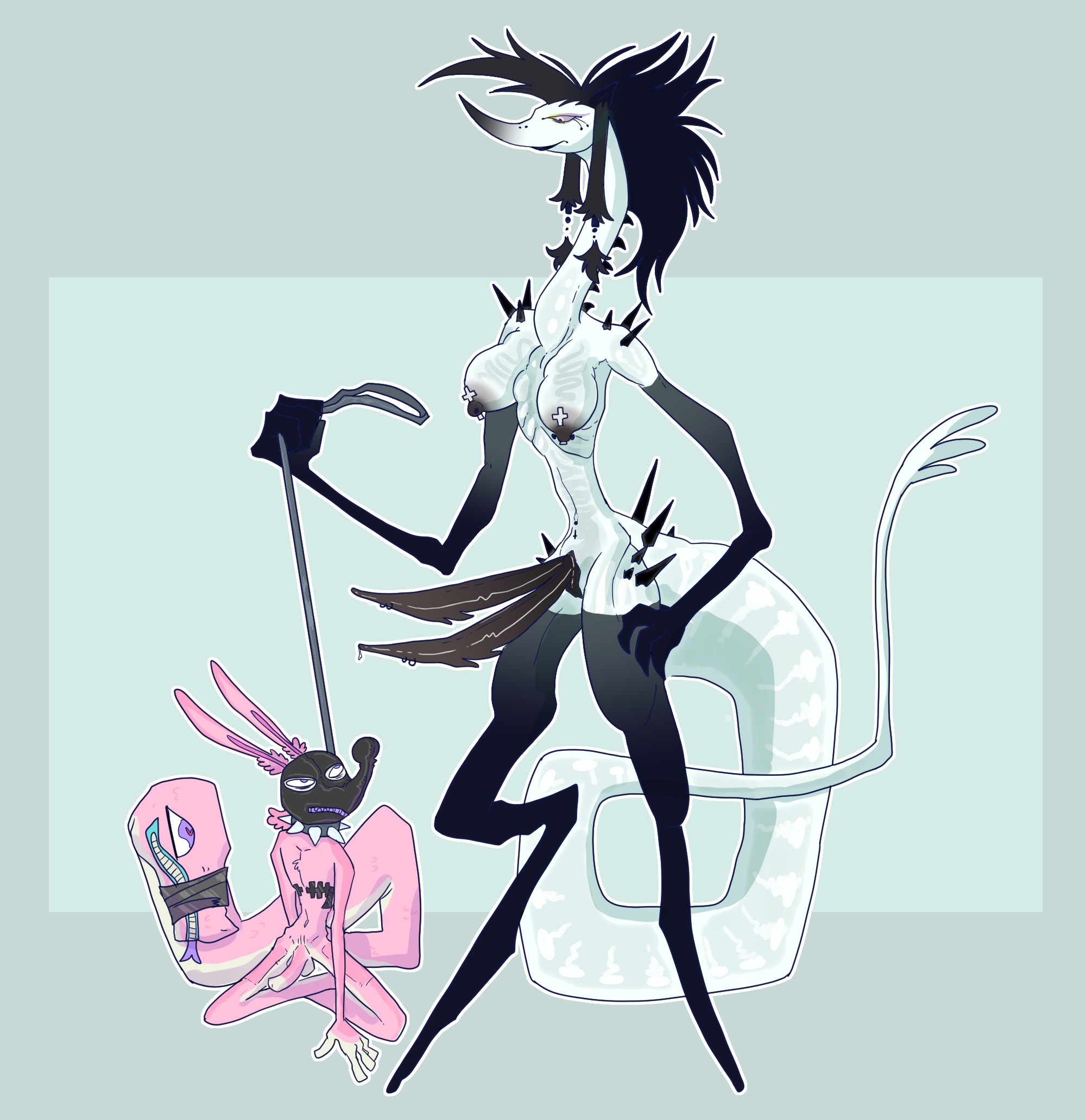 2_penises alien animal_genitalia anthro big_dom_small_sub biped black_mane black_markings black_penis bodily_fluids bondage bone bound breasts chest_tattoo chest_tuft claws cloaca clothing collar cross_piercing curled_tail digital_media_(artwork) diphallia diphallism dominant dripping duo erection eyelashes facial_piercing forked_tongue frown fur futa_sans_balls futanari fuzzy genital_fluids genital_piercing genitals grin hair hand_on_hip heart_eyes heart_symbol herm hermaphrodite hi_res humanoid_genitalia humanoid_penis hybrid intersex intersex/intersex johan_(plentyofsoup) kai_(plentyofsoup) leash leash_pull leather leather_clothing leather_mask living_tail long_tail looking_down looking_up male malesub mammal mane markings mask mohawk monster_penis mostly_nude multi_genitalia multi_penis multicolored_body muzzle_(object) muzzled narrowed_eyes navel navel_piercing neutral_expression nipple_piercing nipples nose_piercing nude orange_body orange_fur penis penis_piercing penis_size_difference petplay piercing pink_body pink_fur plentyofsoup precum precum_drip pussy reptile roleplay scalie scar simple_background sitting size_difference skinny smile snake snake_tail spiked_collar spikes spikes_(anatomy) standing submissive tail tail_mouth tape tattoo teeth tied_muzzle tongue tongue_out trans_man translucent translucent_body translucent_skin transmasc tuft twintails unknown_species unusual_anatomy unusual_genitalia unusual_penis unusual_tail visible_ribs white_body white_skin zipper