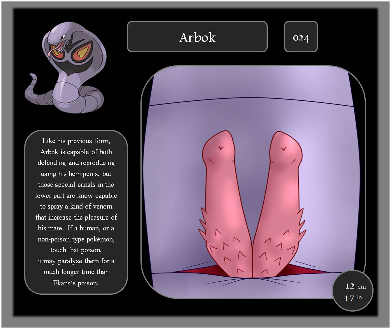 zekromlover, arbok, nintendo, 2014, text, erection, feral, hemipenes, male, male only, multi penis, penis, pokedex, pokemon, reptile, scalie, solo, video games, 