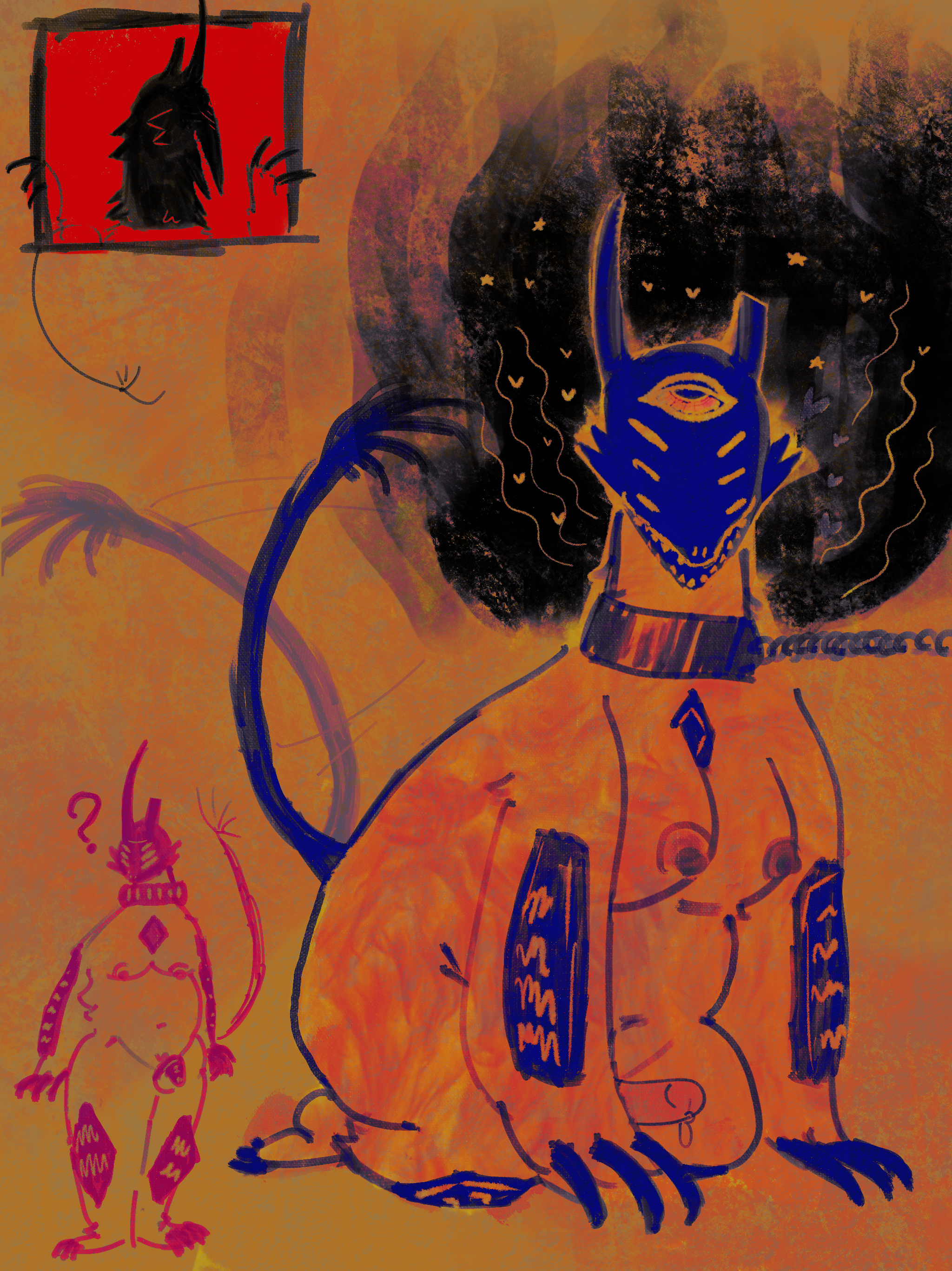 absurd res, hi res, ahe gao, anthro, armor, bodily fluids, breasts, chastity cage, chastity device, claws, collar, demon, dripping, genital fluids, genitals, happy, heart, kneeling, looking pleasured, love, monster, nonbinary (lore), penis, petplay, precum, precum drip, roleplay, slightly chubby, tail motion, tailwag, whorlywhorl, 