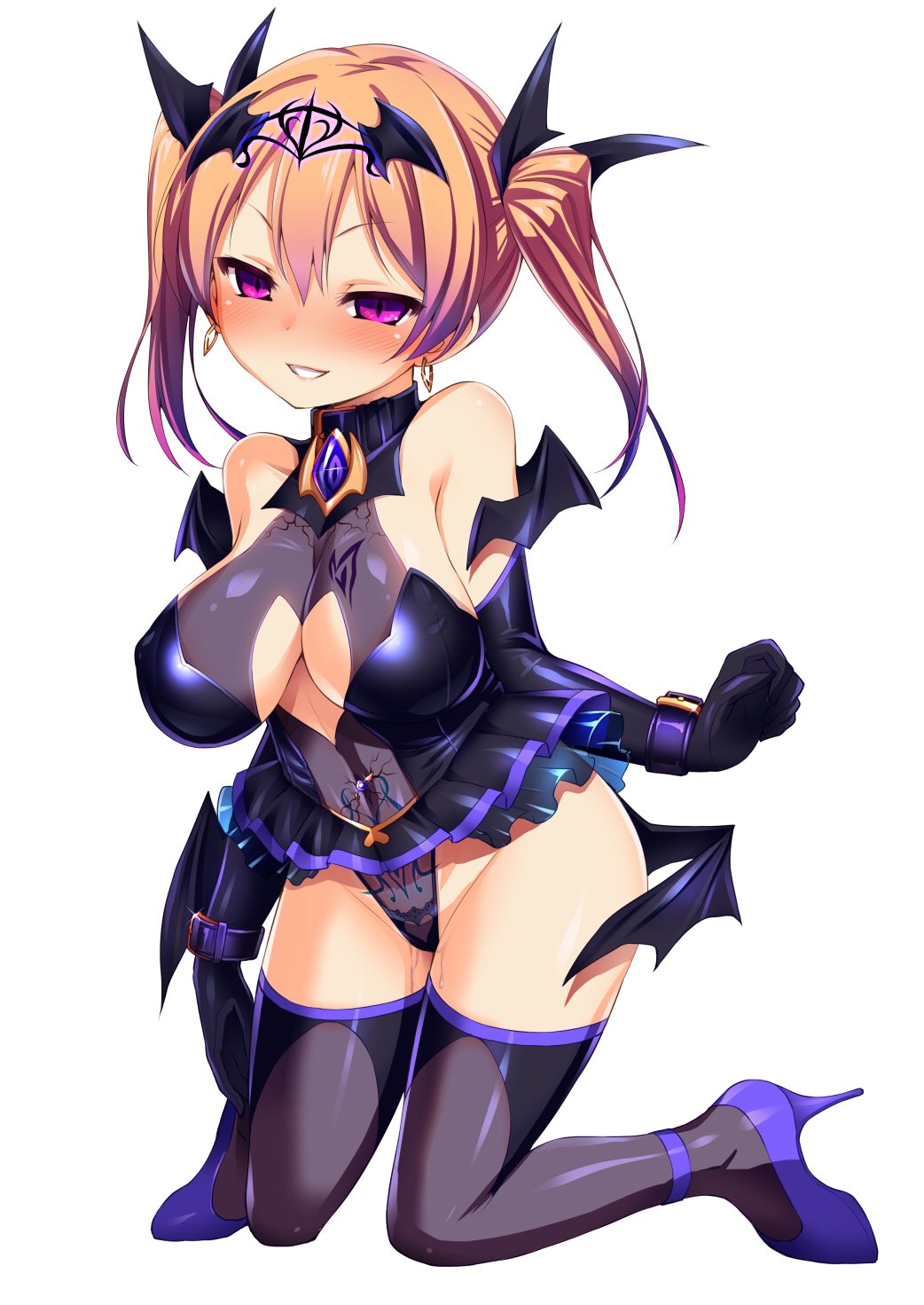 satou kuuki, highres, tagme, big breasts, breasts, female, mouth, open mouth, panties, pussy juice stain, smile, solo, underwear, wet, wet clothes, wet panties, 