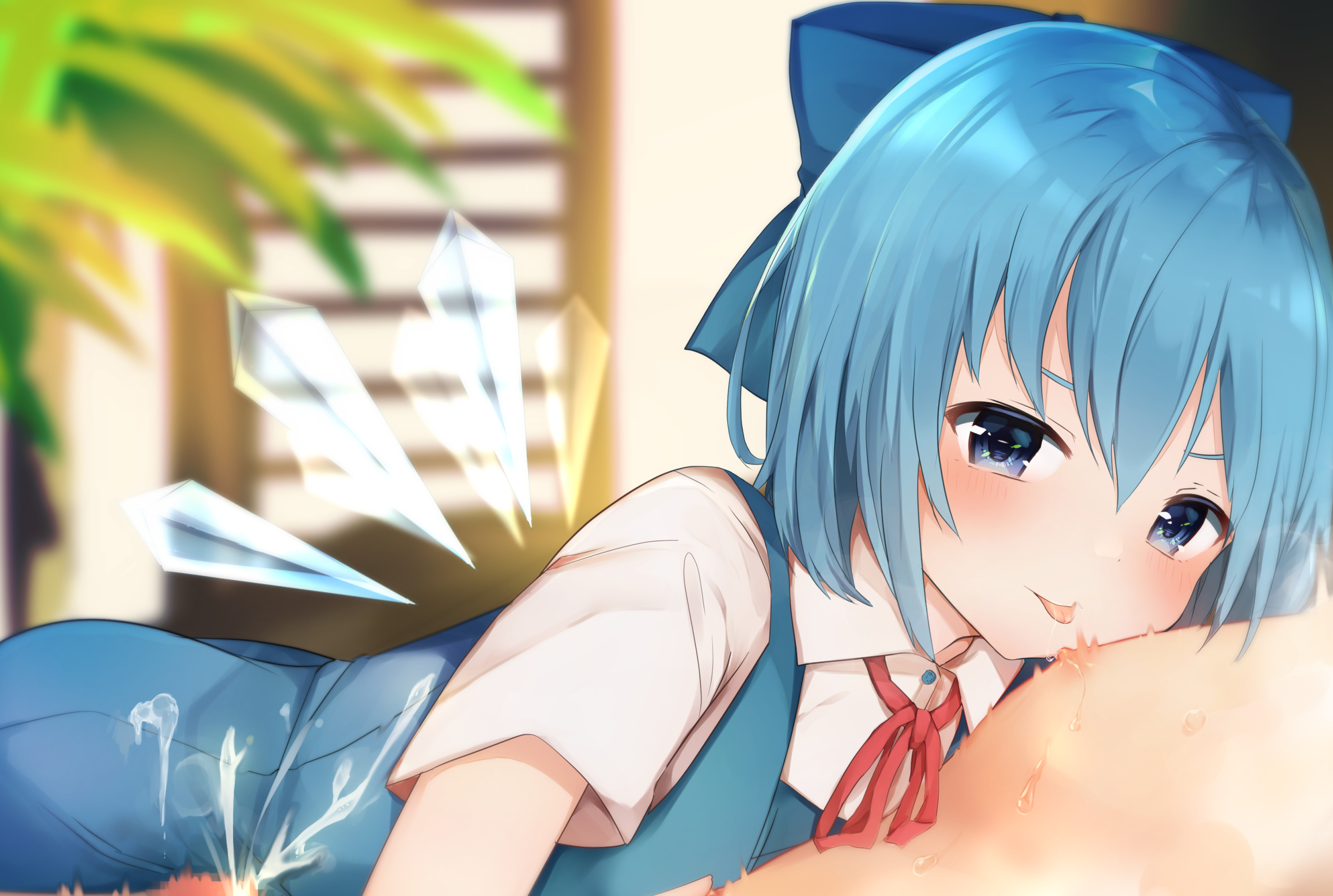 cirno, touhou, highres, 1boy, blue dress, blue eyes, blue hair, blue ribbon, bow, collared shirt, cum, dress, dress shirt, ejaculation, female, hairbow, head out of frame, ice, ice wings, karasusou nano, licking, nipple licking, penis, pinafore dress, red ribbon, ribbon, shirt, short hair, short sleeves, tongue, tongue out, topless, white shirt, wings, 