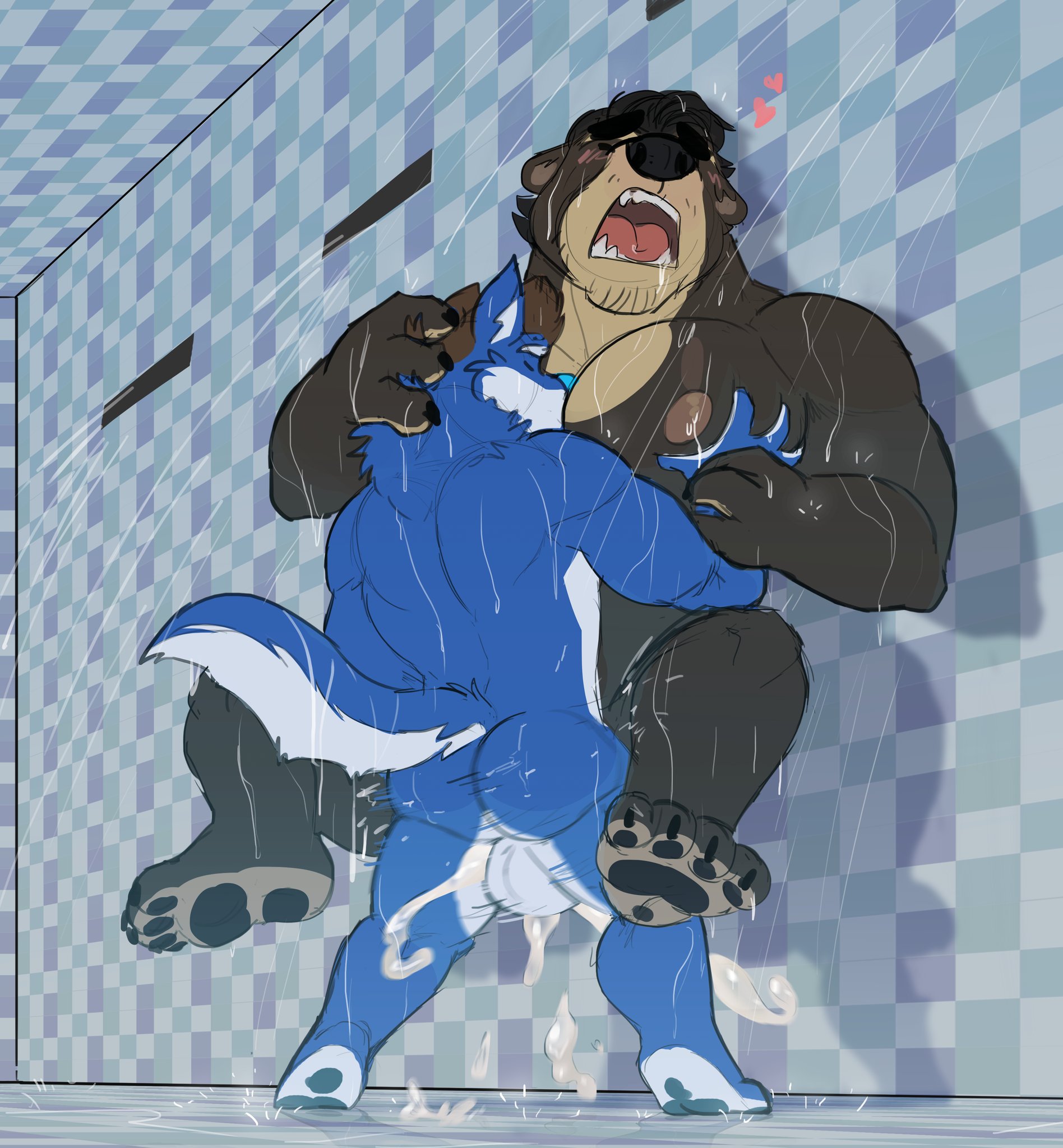 2020, hi res, andeanbear den, anthro, ass, balls, bathing, black body, black fur, blue body, blue fur, blue nose, blush, bodily fluids, canid, canine, canis, closed eyes, cum, duo, fur, genital fluids, genitals, heart, humanoid hands, male, male/male, mammal, moobs, nipples, overweight, overweight male, sex, spectacled bear, tremarctine, ursid, wolf, 