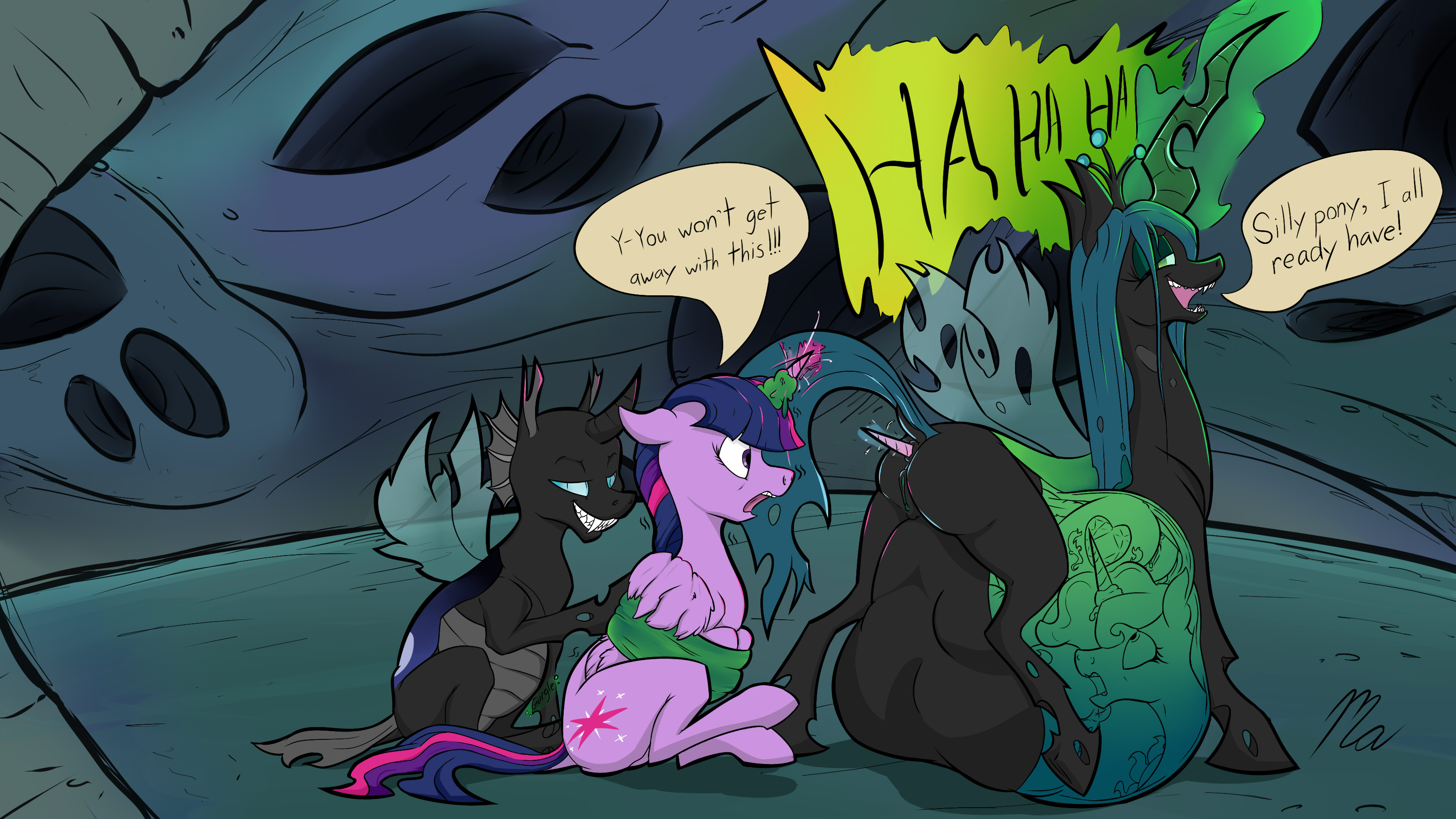 magnificent-arsehole, queen chrysalis (mlp), twilight sparkle (mlp), friendship is magic, my little pony, 2017, absurd res, english text, hi res, text, alicorn, anal vore, anus, changeling, cutie mark, dialogue, drone (mlp), equine, female, feral, grin, group, hair, hole (anatomy), horn, mammal, open mouth, pussy, restrained, smile, vore, wings, 