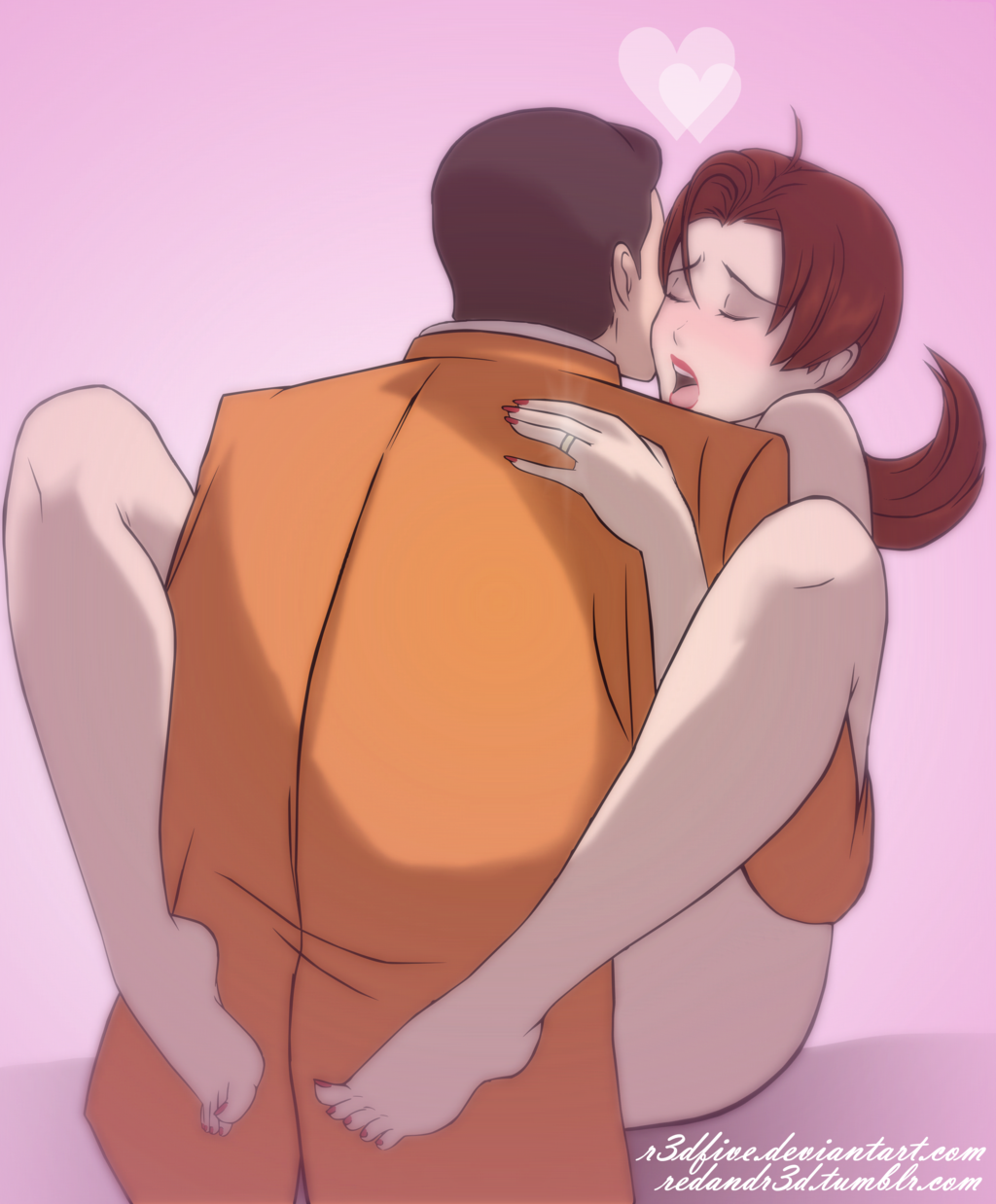 r3dfive, delia ketchum (pokemon), giovanni (pokemon), pokemon (anime), highres, ahoge, brown hair, closed eyes, clothed male nude female, female, female orgasm, formal, happy sex, heart, human, human only, humans of pokemon, jewelry, leg lock, lipstick, makeup, male, milf, nail polish, open mouth, orgasm, pokemon, ponytail, ring, sex, straight, suit, tied hair, upright straddle, wedding ring, 