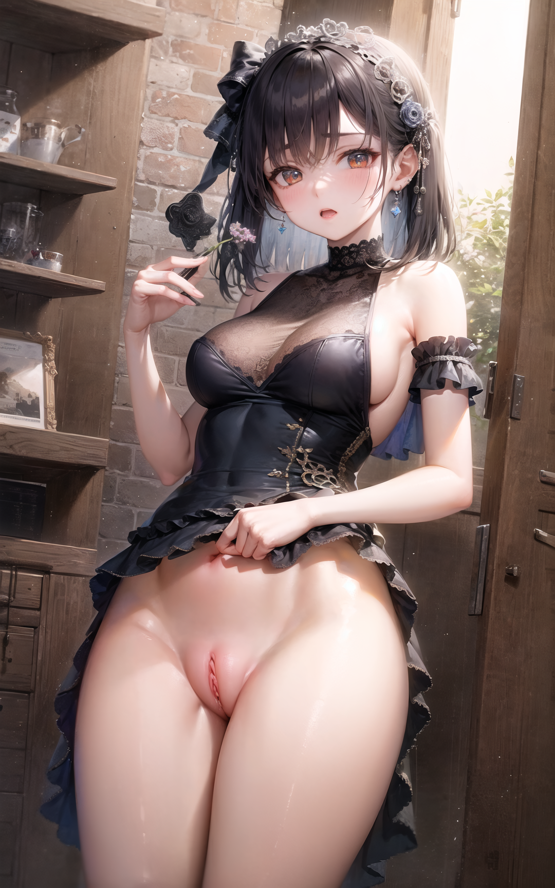 1girls, ai generated, black hair, brown eyes, cameltoe, clothing, dress, dress lift, open mouth, presenting, pussy, shiny skin, short hair, slim waist, stable diffusion, thick thighs, wide hips, 