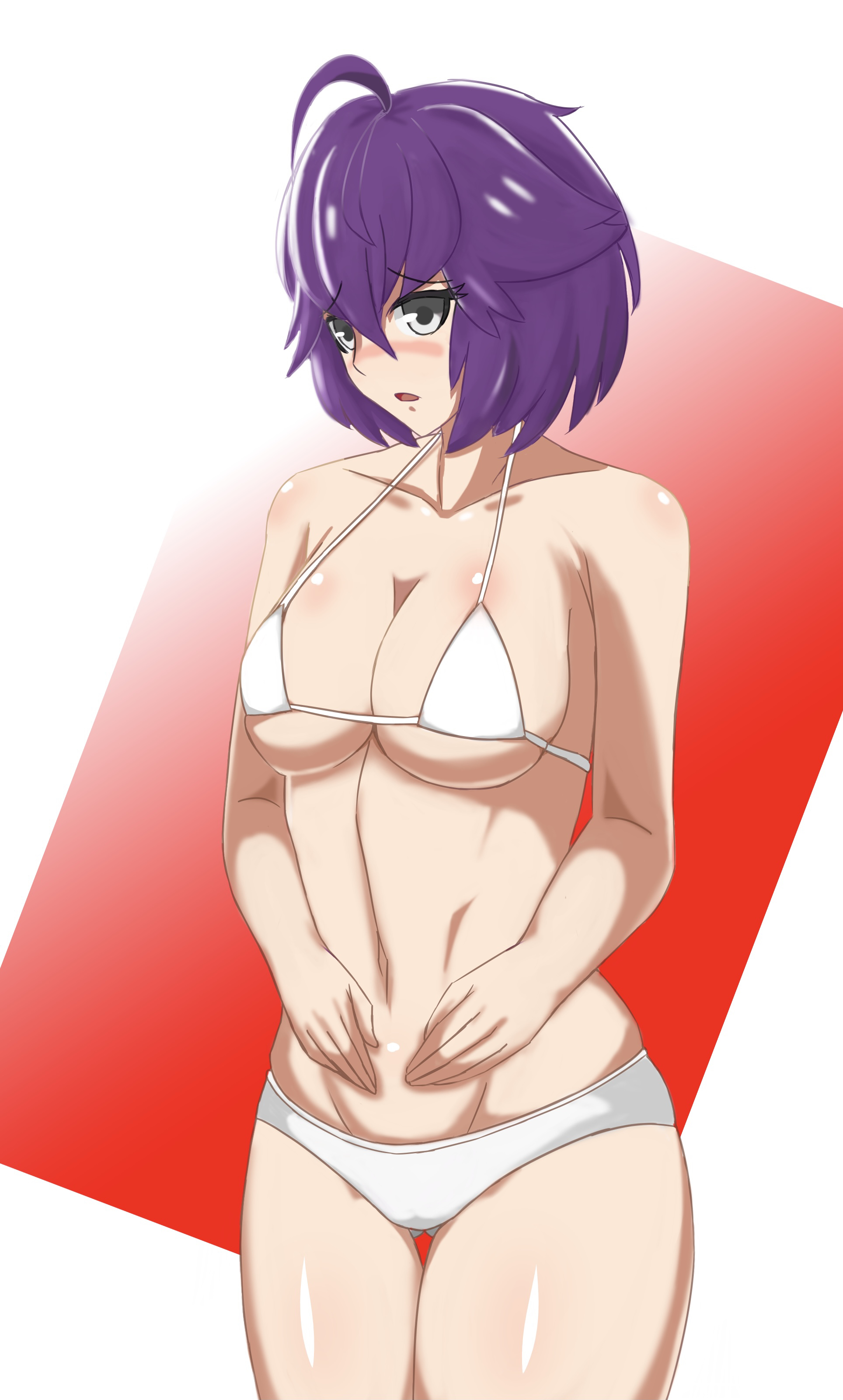 bernadetta von varley, fire emblem, fire emblem: three houses, nintendo, 1girls, bare shoulders, bernadetta (fire emblem), big breasts, blush, collarbone, embarrassed, grey hair, looking at viewer, open mouth, panties, pibu, purple hair, short hair, sideboob, solo, solo female, underboob, white panties, 