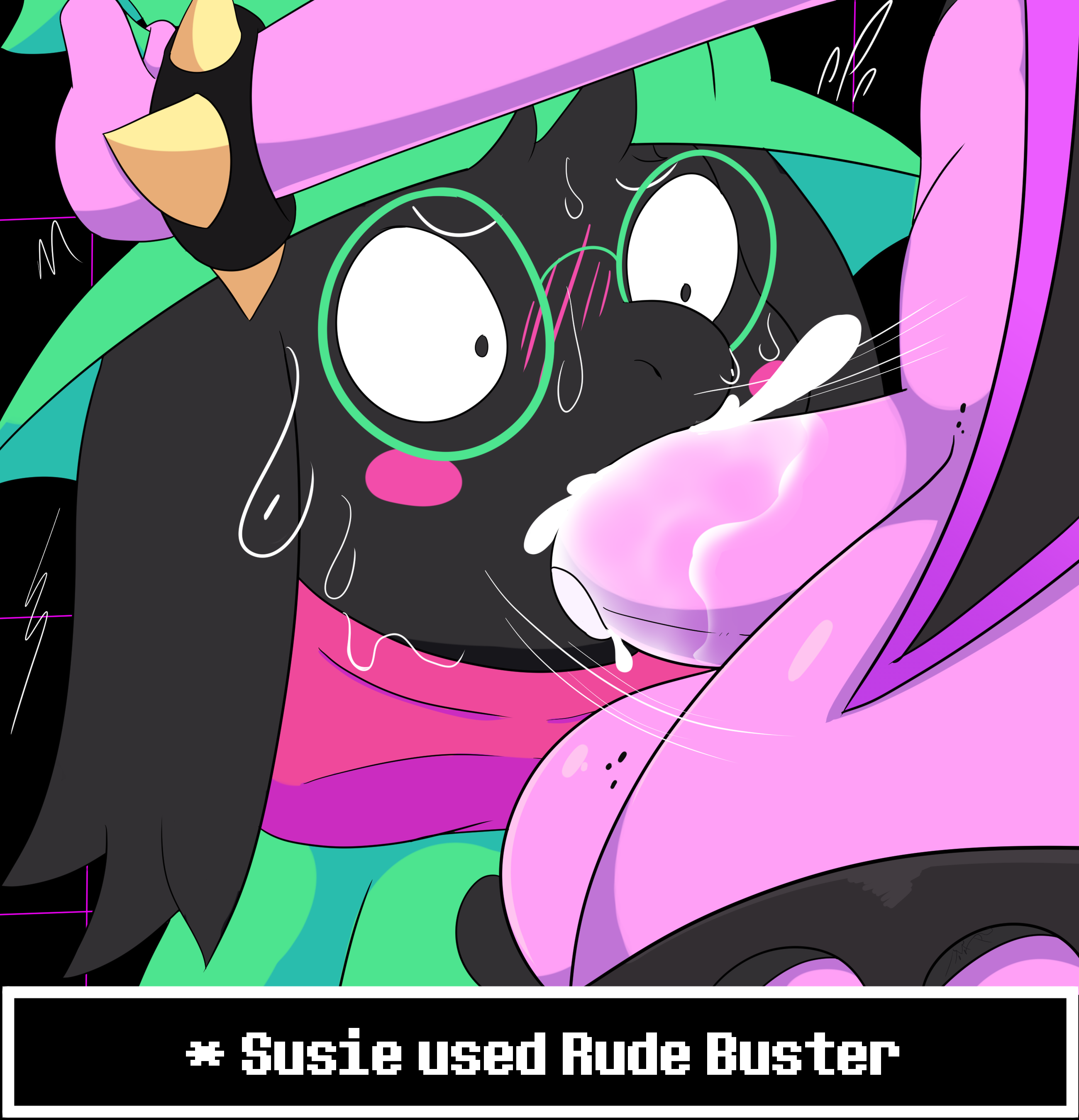 impish desires, not safe for reality, ralsei, susie (deltarune), deltarune, 2018, simple background, text, anthro, black fur, blush, caprine, clothed, clothing, dickgirl, dickgirl/male, eyewear, fur, futa on male, futanari, glasses, goat, hair, hat, intersex, male, mammal, oral, penis, reptile, scalie, scarf, solo, video games, 
