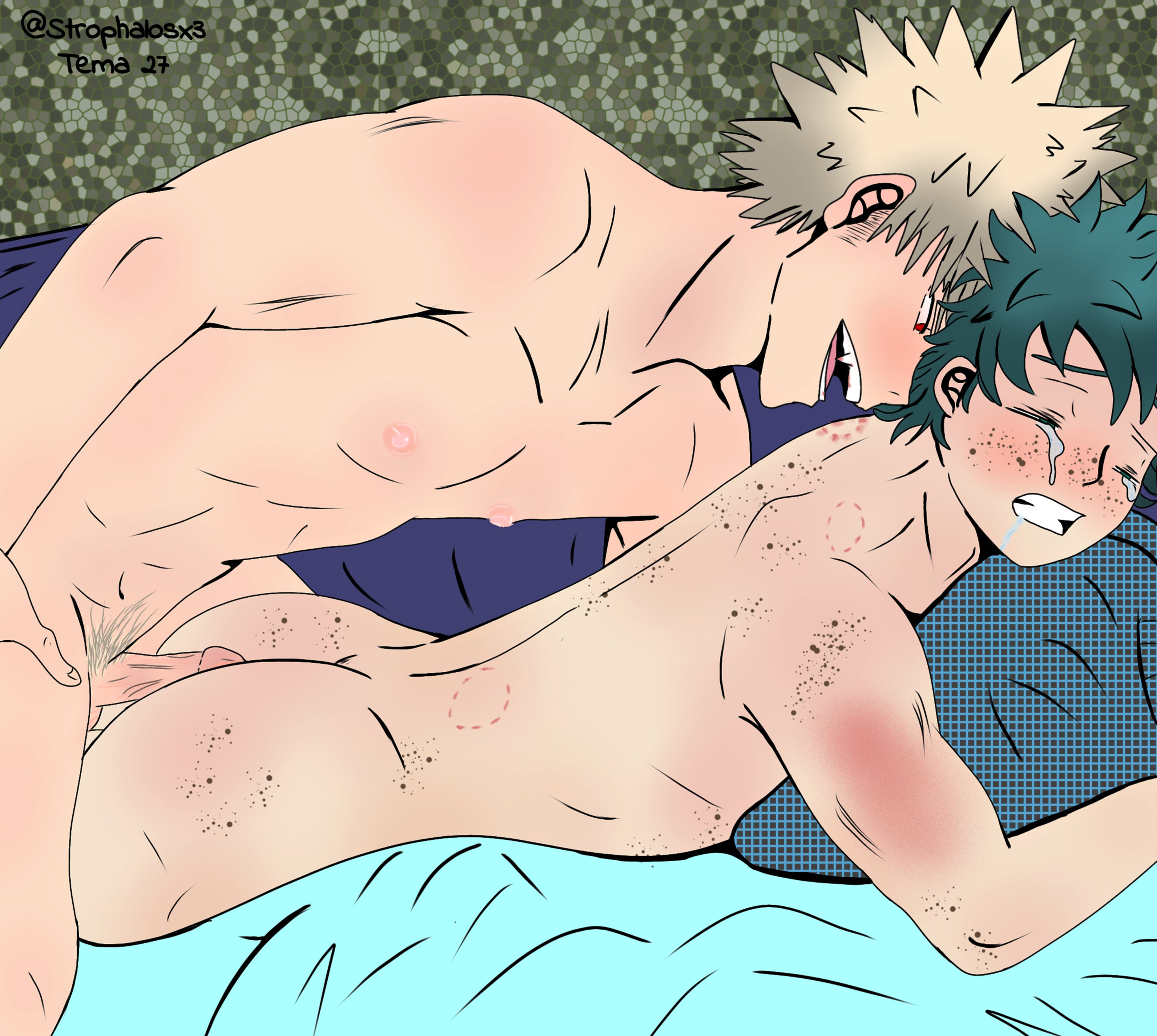 <b>izuku</b> midoriya, <b>katsuki</b> bakugou, my hero academia, 2boys, bite mark, clench...