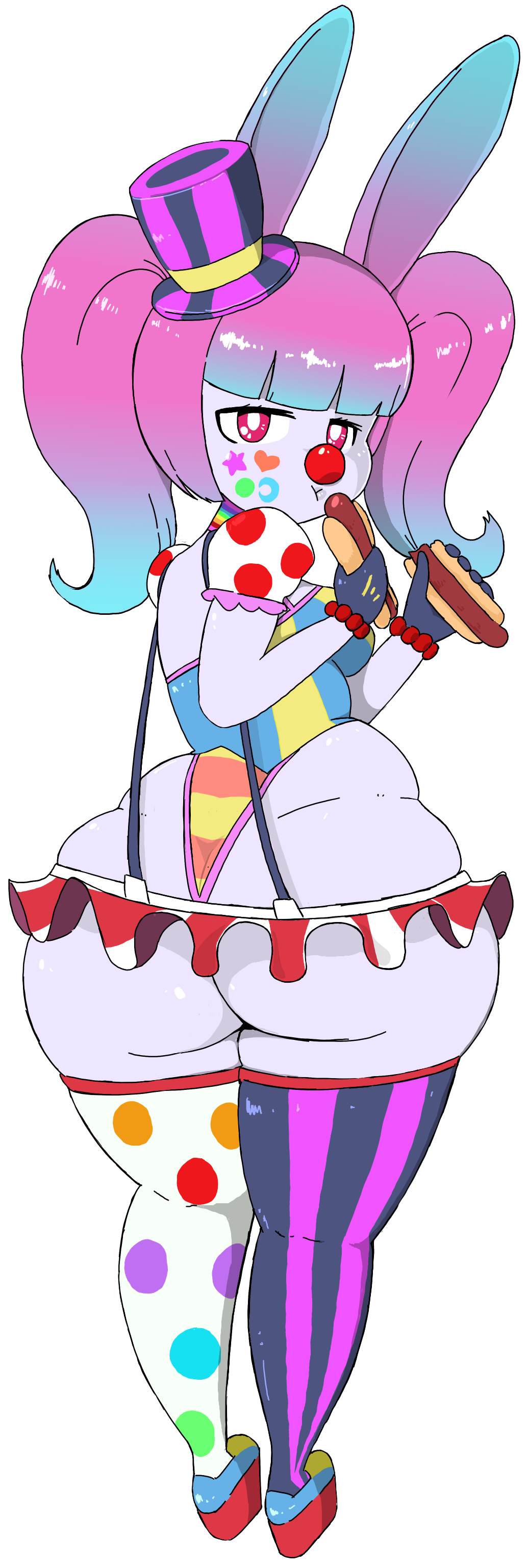 1girls ass ass_cleavage ass_crack bangs blue_highlights bunny_ears butt_crack clown clown_girl clown_makeup clown_nose eating eating_food female female_focus female_only food hat high_heels hips hot_dog hotdog howaitori large_ass looking_at_viewer looking_back looking_back_at_viewer mini_hat miniskirt pink_hair prattagail rabbit_ears red_eyes skirt stockings stockings_thigh_highs suspender_skirt suspenders thick_thighs thighs top_hat twintails wide_hips