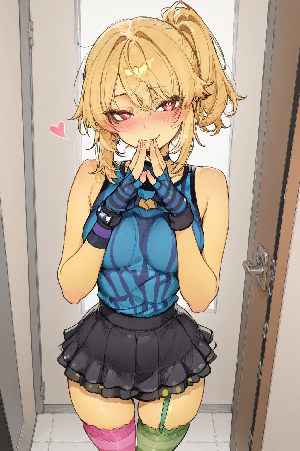 1girl 1girls big_breasts black_skirt blue_clothes blue_clothing breasts clothing game love love_live! noob_(roblox) red_eyes roblox sexy_pose shy yellow_body yellow_hair