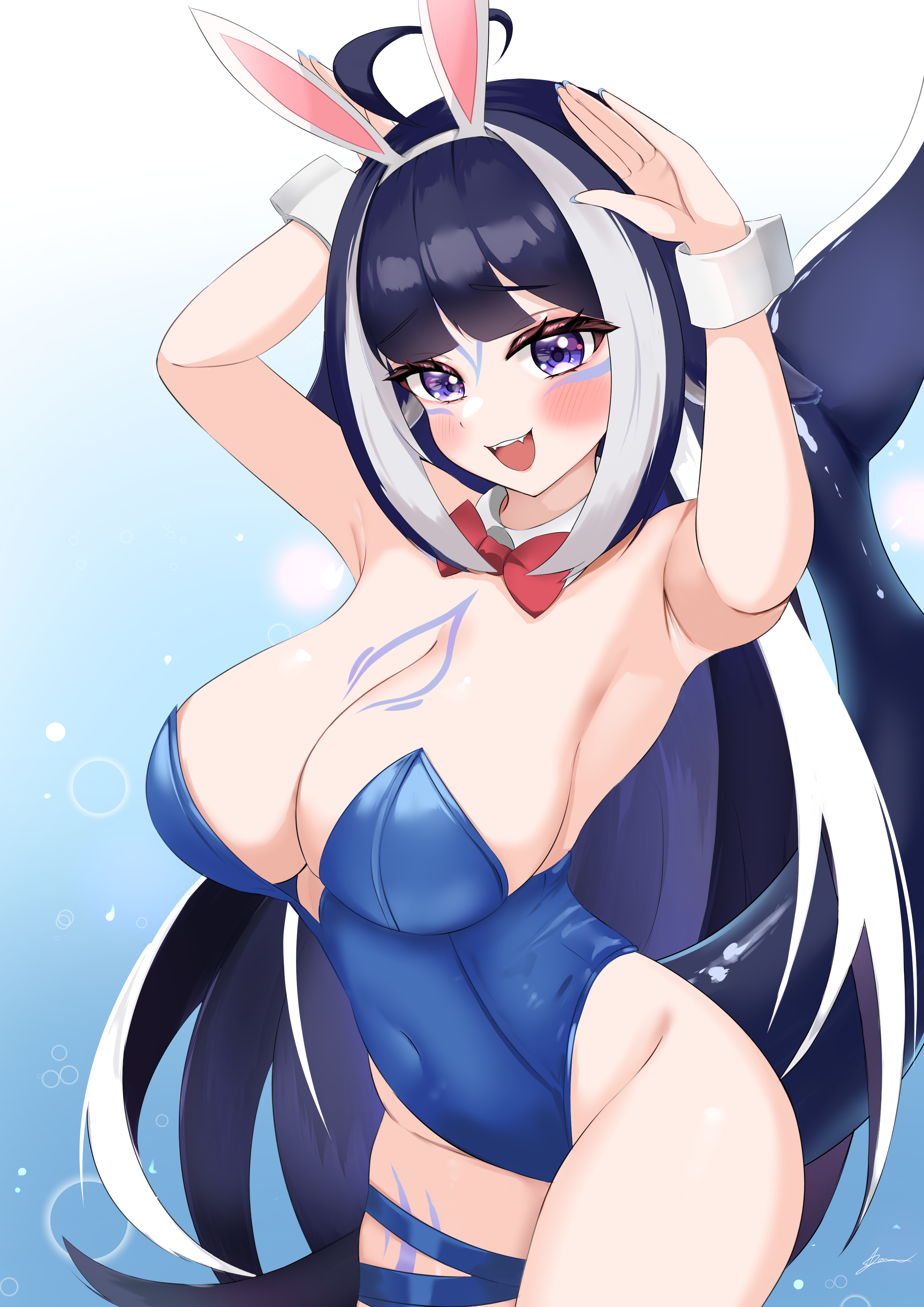 :d :d_smile ahoge armpit armpits arms_up ass ayanon_(artist) belly_button belly_button_visible_through_clothing big_ass big_ass_(female) big_breasts big_butt big_butt_(female) big_chest big_thighs blue_bunnysuit blue_leotard blush blush_lines blushing_at_viewer blushing_female bow_tie bowtie breasts bunny_ears bunny_pose bunnysuit chest cuffs_(clothing) cyan_nail_polish cyan_nails fake_animal_ears fake_bunny_ears fangs gradient_background gradient_tattoo hands hands-free hands_up hands_up_on_head hands_up_on_own_head indie_virtual_youtuber indie_vtuber juicy_ass juicy_breasts juicy_chest juicy_thighs leotard light-skinned_female light_skin long_hair marks marks_on_body marks_on_face mouth navy_blue_and_white_hair navy_blue_hair navy_blue_long_hair oerba_yun_fang open_mouth orca orca_ears orca_girl orca_tail pink_blush pink_tongue red_bow_tie red_bowtie sexy sexy_body sexy_pose shylily sparkling_eyes tattoo tattoo_on_chest tattoo_on_face tattoo_on_thigh teeth teeth_showing thick_body thick_tail thigh_strap thighs tounge vtuber vtuberfanart white_and_blue_background white_cuffs white_hair white_long_hair