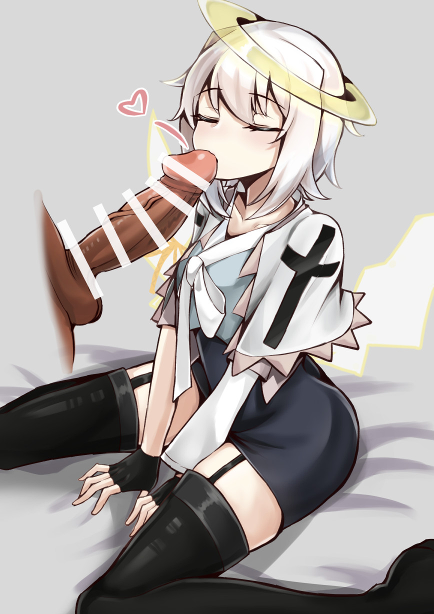 original, bar censor, censored, highres, bangs, between legs, black gloves, boots, capelet, closed eyes, collarbone, cross, energy wings, female, fingerless gloves, garter straps, gloves, halo, hand between legs, heart, huge cock, kissing penis, orange ribbon, penis, pointless censoring, ribbon, short hair, single sleeve, sitting, testicles, thigh boots, tsuzura (pixiv74922627), veins, veiny penis, white capelet, white hair, wing ribbon, zettai ryouiki, 