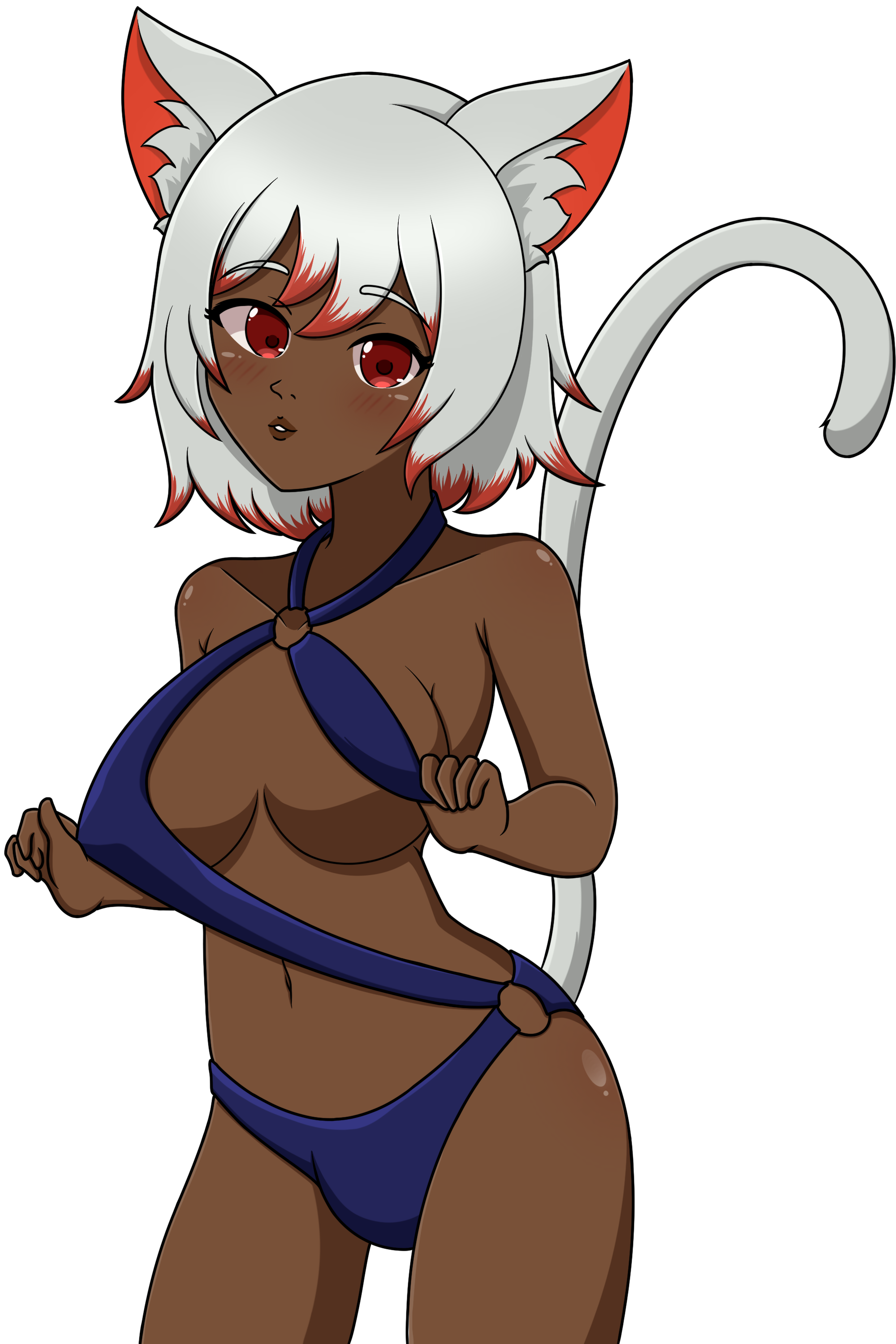 alternate version available, ahju, artist s0ft, big breasts, cat girl, dark skin, futanari, red eyes, shemale, solo futa, swimsuit, swimsuit bulge, white hair, 