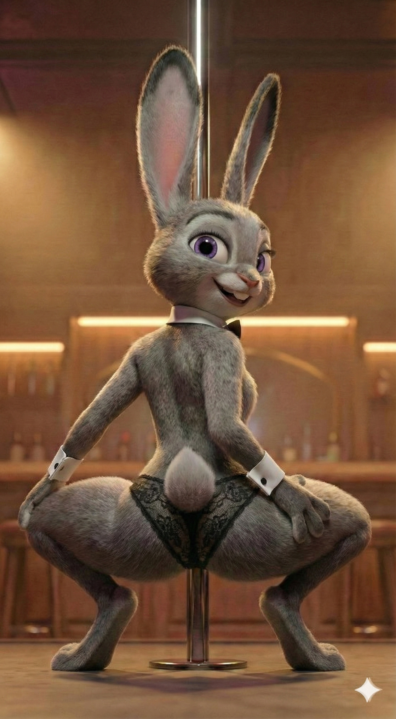 ass back_view big_ass bunny bunny_ears bunny_girl bunny_tail female gray_fur happy happy_female judy_hopps light-skinned_female lingerie no_bra pole pole_dancing pose purple_eyes zootopia