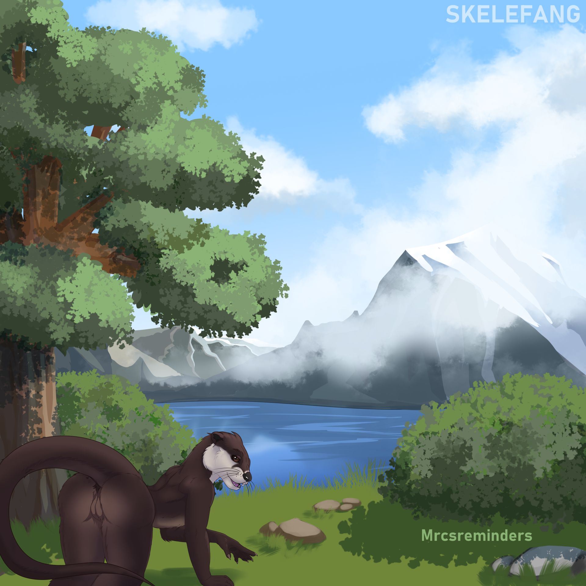 2024 all_fours anthro black_nose blue_sky brown_body brown_eyes brown_fur claws clitoris cloud collaboration colored female flat_chested fur genitals grass hi_res lake long_tail looking_at_viewer looking_back mammal marcaneg mountain mustelid nature nature_background nude original_character otter outside plant pussy rear_view rock round_ears shaded shrub skelefang sky smile solo tail tan_body tan_fur teasing teasing_viewer thick_tail tree whiskers white_body white_fur