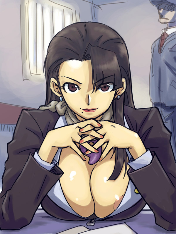 ayasato chihiro, mia fey, michael, naruhodou ryuuichi, ace attorney, gyakuten saiban, 1girls, areola, areola slip, big breasts, breasts, brown eyess, brown hair, busty, cleavage, earrings, hands clasped, huge breasts, interlocked fingers, jewelry, large breasts, magatama, mole, steepled fingers, voluptuous, 