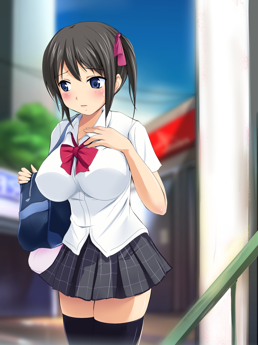 dixie, 1girls, bag, big breasts, black hair, blue eyes, blush, breasts, detailed background, enkou heya no shoujo, female, female only, hair ornament, huge breasts, large breasts, looking down, red bow, school uniform, shy, skirt, solo, stockings, thighhighs, tied hair, zettai ryouiki, 