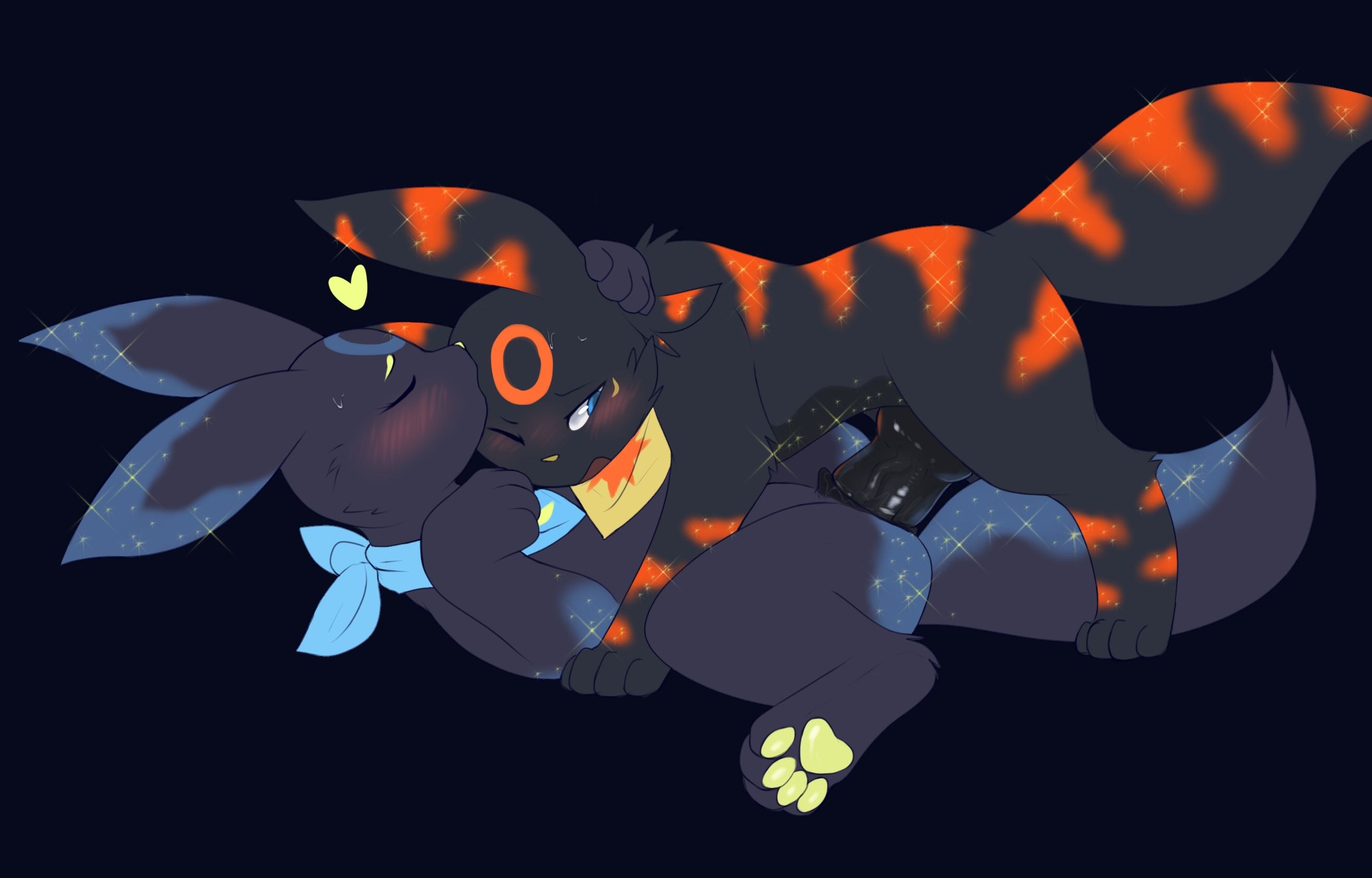 anonymous artist, eeveelution, umbreon, nintendo, hi res, 4 toes, all fours, animal genitalia, animal penis, animal pussy, big penis, black body, black fur, black penis, blue body, blue eyes, blue fur, canine penis, canine pussy, cosmic hair, duo, ethereal hair, female, female on bottom, female penetrated, feral, feral on feral, fur, genitals, hand on head, heart, huge cock, kissing, knot, lying, male, male/female, male on top, male penetrating, male penetrating female, markings, neckerchief, on back, on bottom, on top, pawpads, paws, penetration, penis, pokemon, pseudo hair, pussy, spread legs, spreading, star, thick penis, toes, vaginal penetration, vein, video games, 