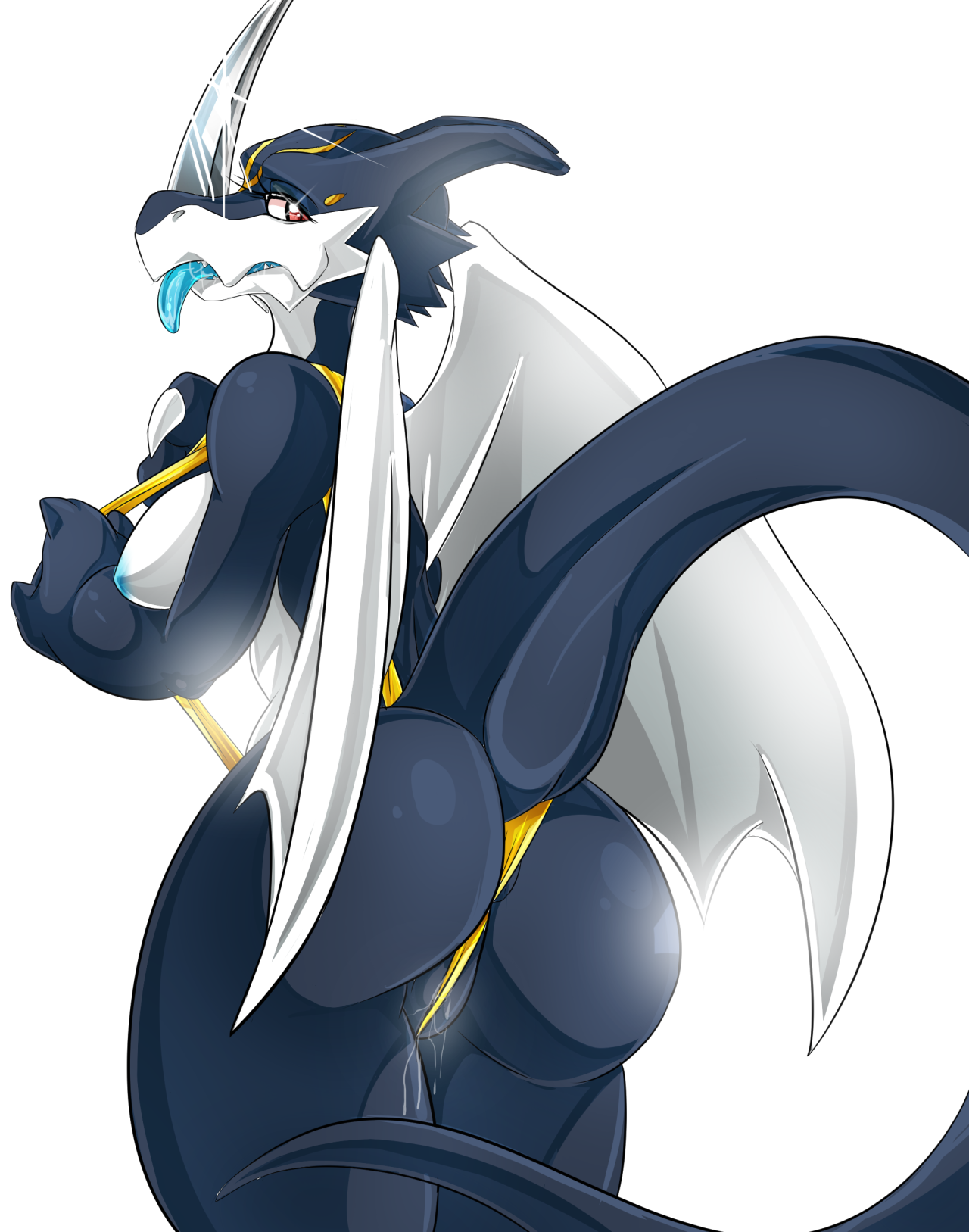 suddenhack, exveemon, digimon, 2016, hi res, simple background, white background, alternate color, anthro, anus, areola, ass, black scales, blue nipples, blue tongue, breasts, claws, clothed, clothing, dragon, drooling, female, horn, membranous wings, nipples, pussy, pussy floss, pussy juice, red eyes, saliva, scales, scalie, sideboob, swimsuit, tongue, tongue out, white claws, white scales, wings, 