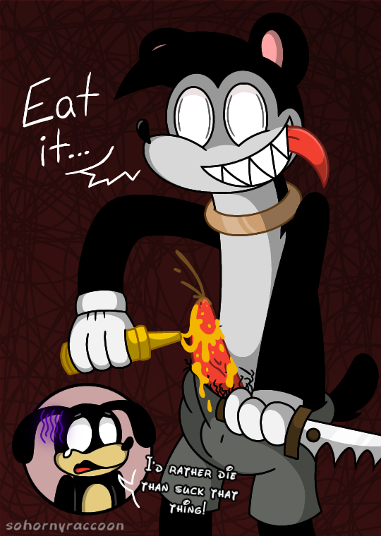 red background, simple background, text, balls under clothes, bear, black fur, canine, disgusted, domestic dog, erection, erection under clothes, hairy, hairy balls, knife, mammal, mustard, peeing, penis out, scared, skitzo the killer bear, smiling, sohornyraccoon, toungue out, urine, white eyes, 