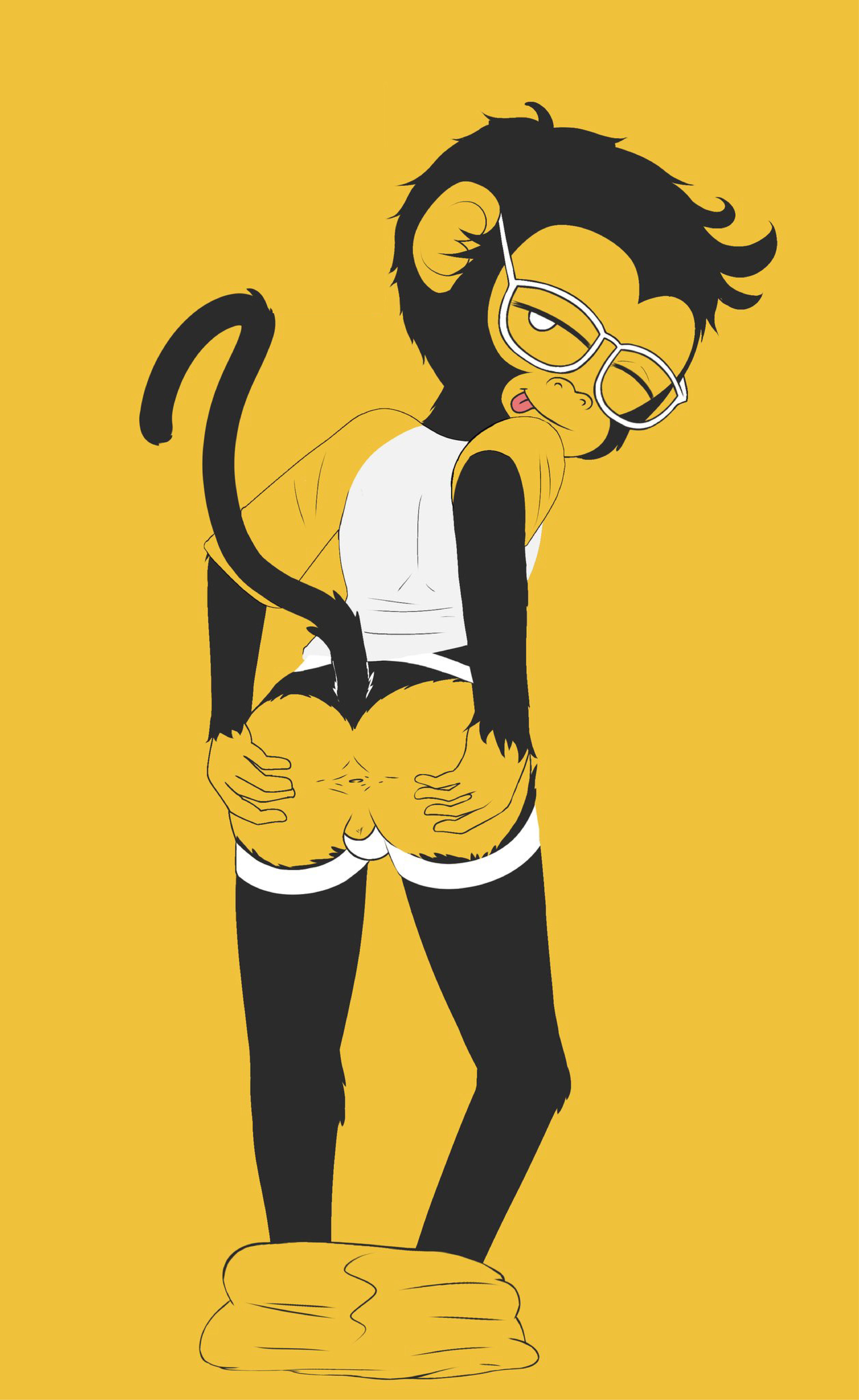 absurd_res anthro anus ass bottomwear bottomwear_down clothed clothing eyewear glasses haplorhine hi_res jockstrap kar0ha male mammal monkey monkey_papas pants pants_down partially_clothed presenting presenting_hindquarters primate skinny solo spread_anus spread_butt spreading underwear