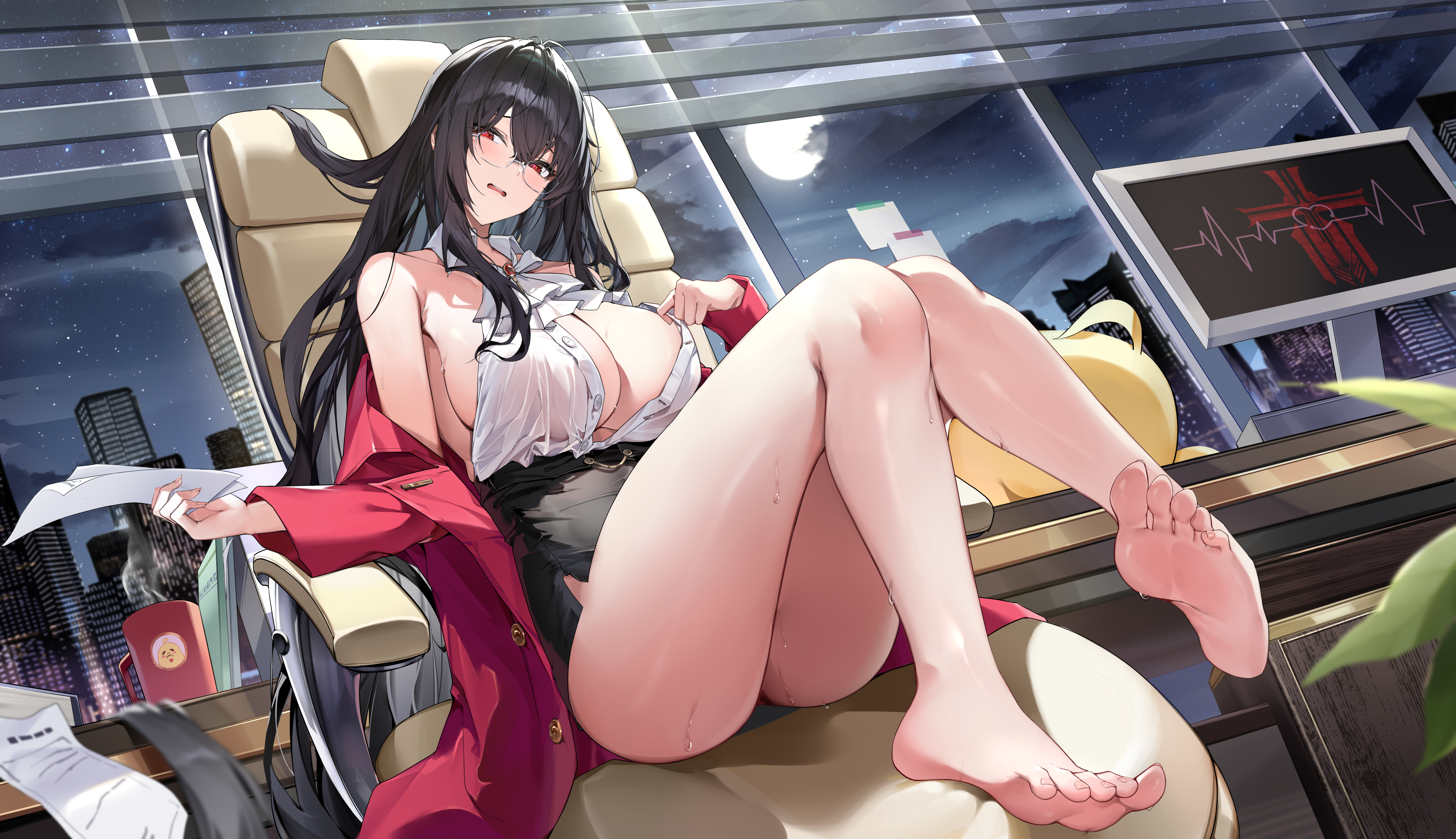 :q ahoge alvitr_(azur_lane) alvitr_(muspel's_torrid_secrets)_(azur_lane) azur_lane bare_legs bare_shoulders barefoot black_hair black_panties black_skirt blush breasts cg cleavage crossed_bangs desk feet female full_moon holding holding_clothes huge_breasts indoors jacket large_breasts legs licking_lips long_hair looking_at_viewer manjuu_(azur_lane) moon night night_sky off_shoulder official_alternate_costume open_clothes open_jacket panties paper red_eyes red_jacket shirt shirt_tucked_in sitting skirt sky sleeveless sleeveless_shirt smile soles solo sweat thighs toes tongue tongue_out underwear very_long_hair white_shirt window
