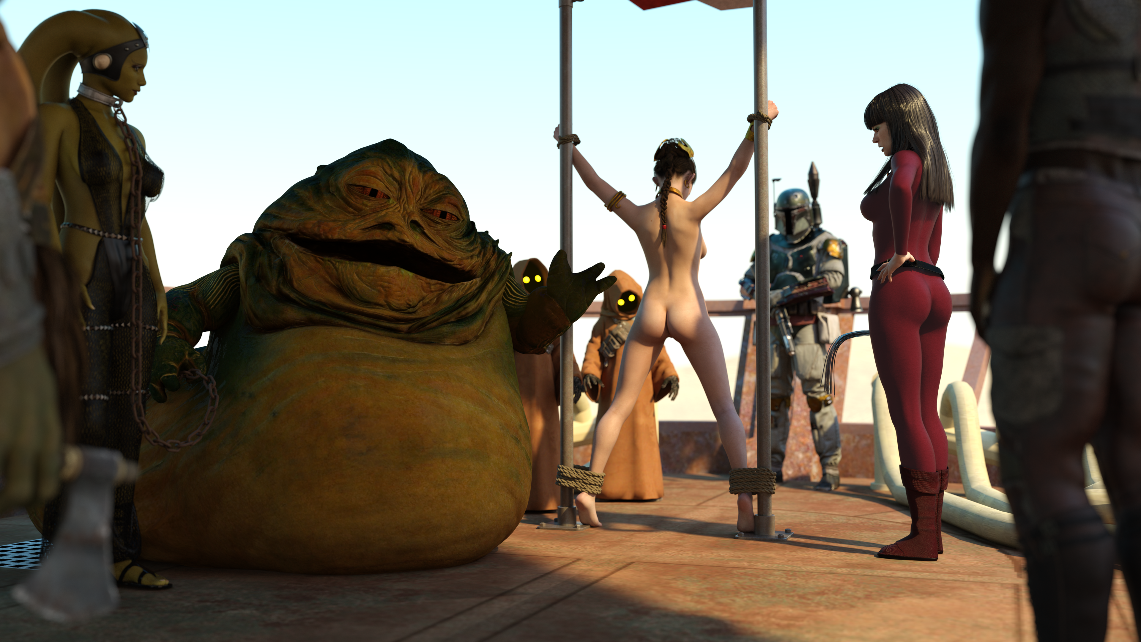 3d 3girls alexbridger ankles_tied ass black_hair boba_fett bodysuit braided_hair brown_hair bubble_ass bubble_butt catsuit dancer dancer_outfit female fishnets green_skin harem harem_girl harem_outfit hutt imminent_punishment imminent_whipping jabba_the_hutt jawa long_hair mandalorian_armor melina_carniss on_display oola princess_leia_organa sail_barge slave slave_collar slave_girl slave_leia slave_outfit star_wars tatooine twi'lek whip wrists_tied