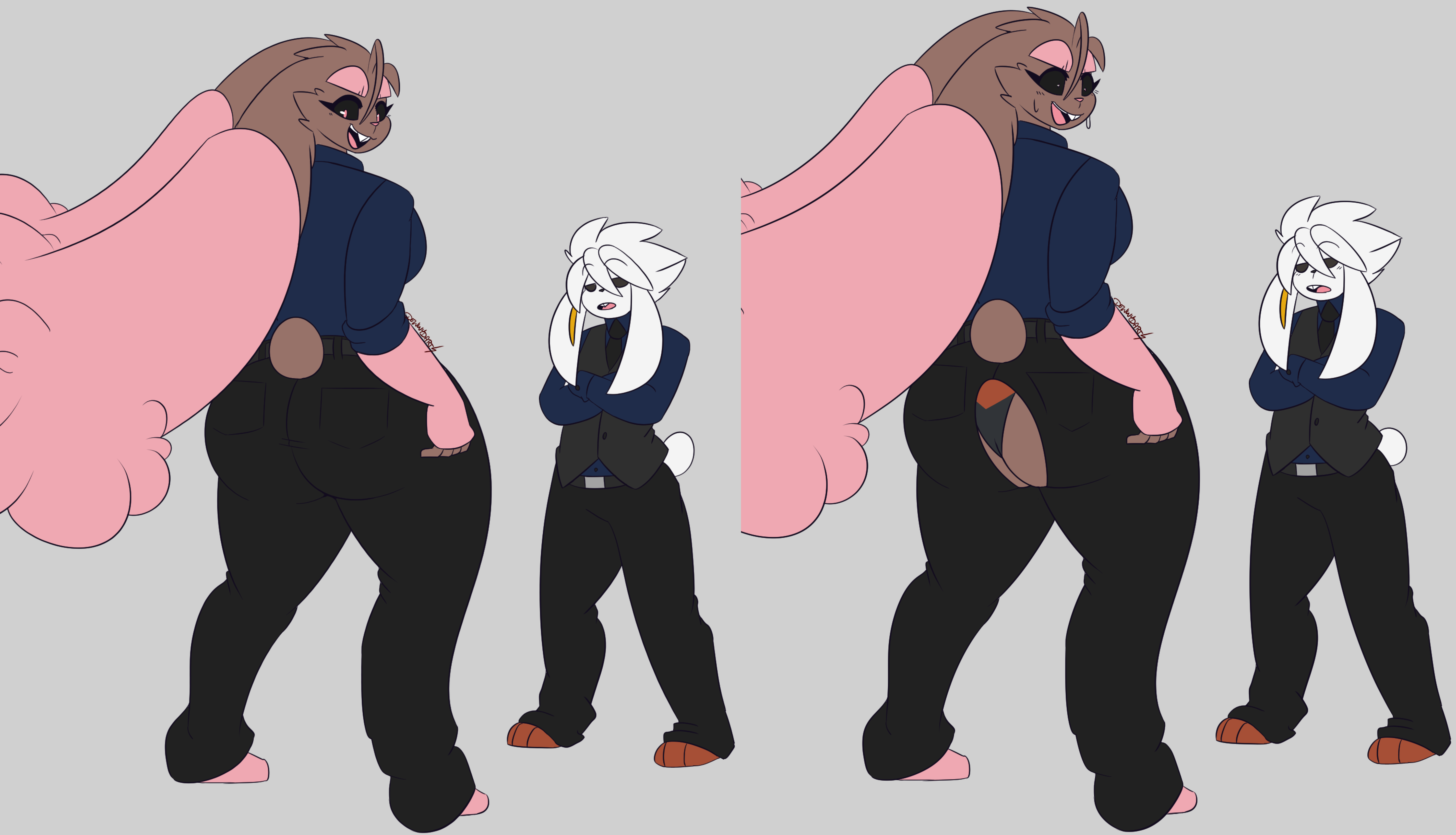 2022 3_toes anthro ass barefoot big_ass big_butt black_bottomwear black_clothing black_necktie black_pants black_sclera black_topwear black_vest blue_clothing blue_shirt blue_topwear bodily_fluids bottomwear breasts brown_body brown_fur bubble_ass bubble_butt buckteeth clothed clothing crossed_arms dd_(dewwydarts) dd_(dewwydartz) dewwydarts dewwydartz duo feet female fur furry generation_4_pokemon generation_8_pokemon grey_background hair hi_res long_ears looking_back lopunny male multicolored_body multicolored_fur necktie nintendo open_mouth orange_body orange_fur original original_character original_characters panties pants pink_body pink_eyes pink_fur pokemon pokemon_(species) pokémon_(species) raboot ripped_clothing scut_tail shiny_lopunny shiny_pokemon shirt short_tail simple_background standing sweat tail teeth thick_thighs toes topwear torn_bottomwear torn_clothing torn_pants two-tone_body two-tone_fur underwear val_(dewwydarts) val_(dewwydartz) vest white_body white_fur white_hair wide_hips yellow_inner_ear