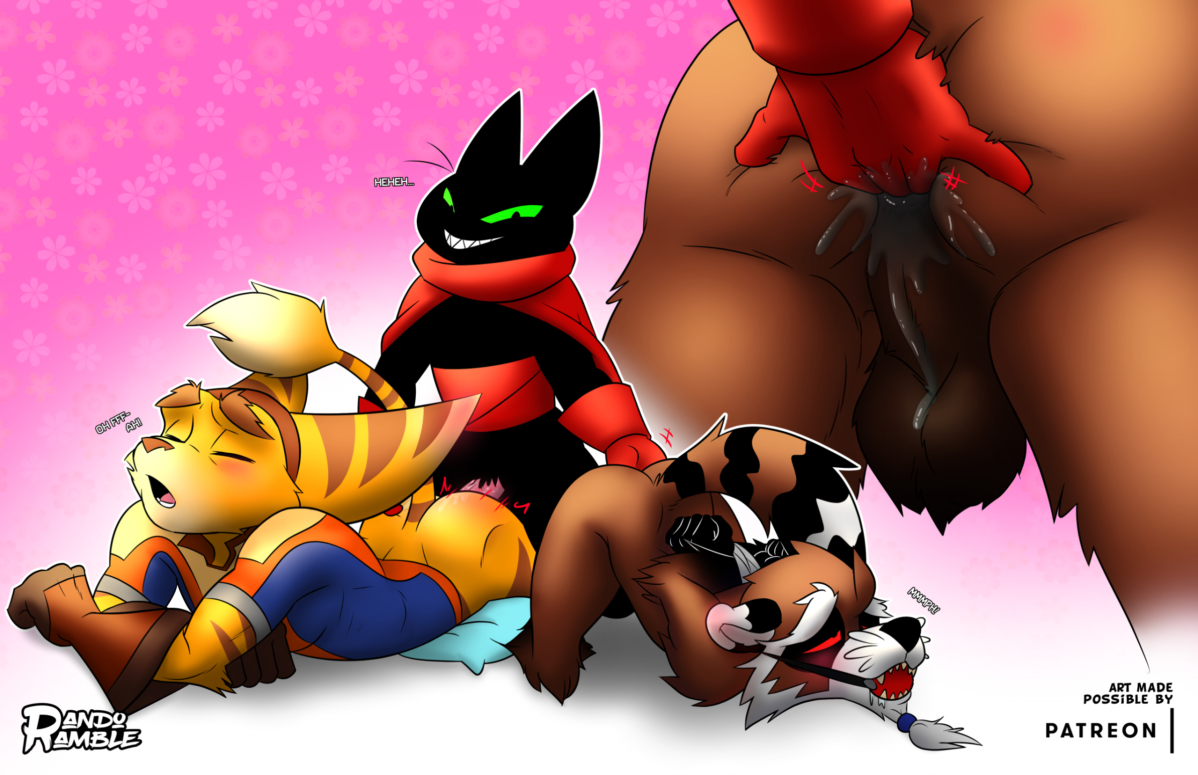 5_fingers anal anal_fingering anal_sex anthro anthro_on_anthro anthro_penetrated anthro_penetrating anthro_penetrating_anthro artist_name ass backsack ball_gag balls ballsack beard biped black_body black_fur blue_clothing blue_pillow blue_shirt blue_topwear blush bodily_fluids bottomless bottomless_anthro bottomless_male bound brown_balls brown_body brown_clothing brown_fur brown_gloves brown_handwear brown_headwear brown_stripes cape cartoon_network close-up closed_eyes clothed clothing cum cum_in_ass cum_inside cum_on_balls cum_on_perineum digital_media_(artwork) domestic_cat facial_hair felid feline felis fingering fingering_partner fingering_while_penetrating fingers floral_background fur gag genital_fluids genitals gloves green_sclera group group_sex guardians_of_the_galaxy hands_tied hands_tied_behind_back handwear headgear headwear hi_res kneeling leaking_cum lombax lying male male/male male_anthro male_penetrated male_penetrating male_penetrating_male mammal mao_mao:_heroes_of_pure_heart markings marvel marvel_comics moan nude nude_anthro nude_male on_front open_mouth patreon patreon_logo penetration perineum pillow procyonid raccoon randoramble ratchet_(ratchet_and_clank) ratchet_and_clank red_cape red_clothing red_gloves red_handwear red_sclera rocket_raccoon sex sheriff_mao_mao_mao shirt size_difference small_dom_big_sub small_top_big_bottom smile smirk sony_corporation sony_interactive_entertainment striped_arms striped_body striped_ears striped_fur striped_markings striped_tail stripes tail tail_markings tail_tuft tan_body tan_fur teeth teeth_showing text threesome topwear trio tuft