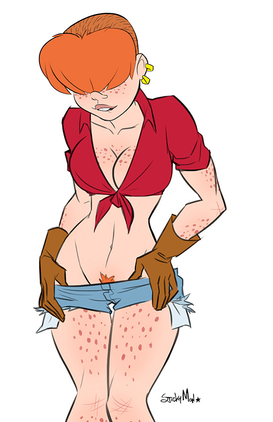 stickymon, june bug, cowgirl, earrings, female, freckles, gloves, hot pants, pubic hair, 