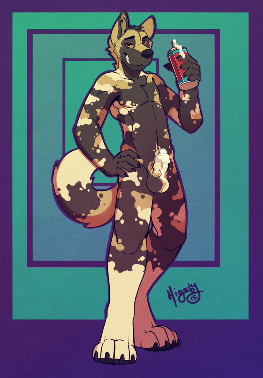 higsby, 2015, 1boy, african wild dog, anthro, balls, canine, claws, fur, looking at viewer, male, male only, mammal, nude, sheath, smile, solo, whipped cream, 