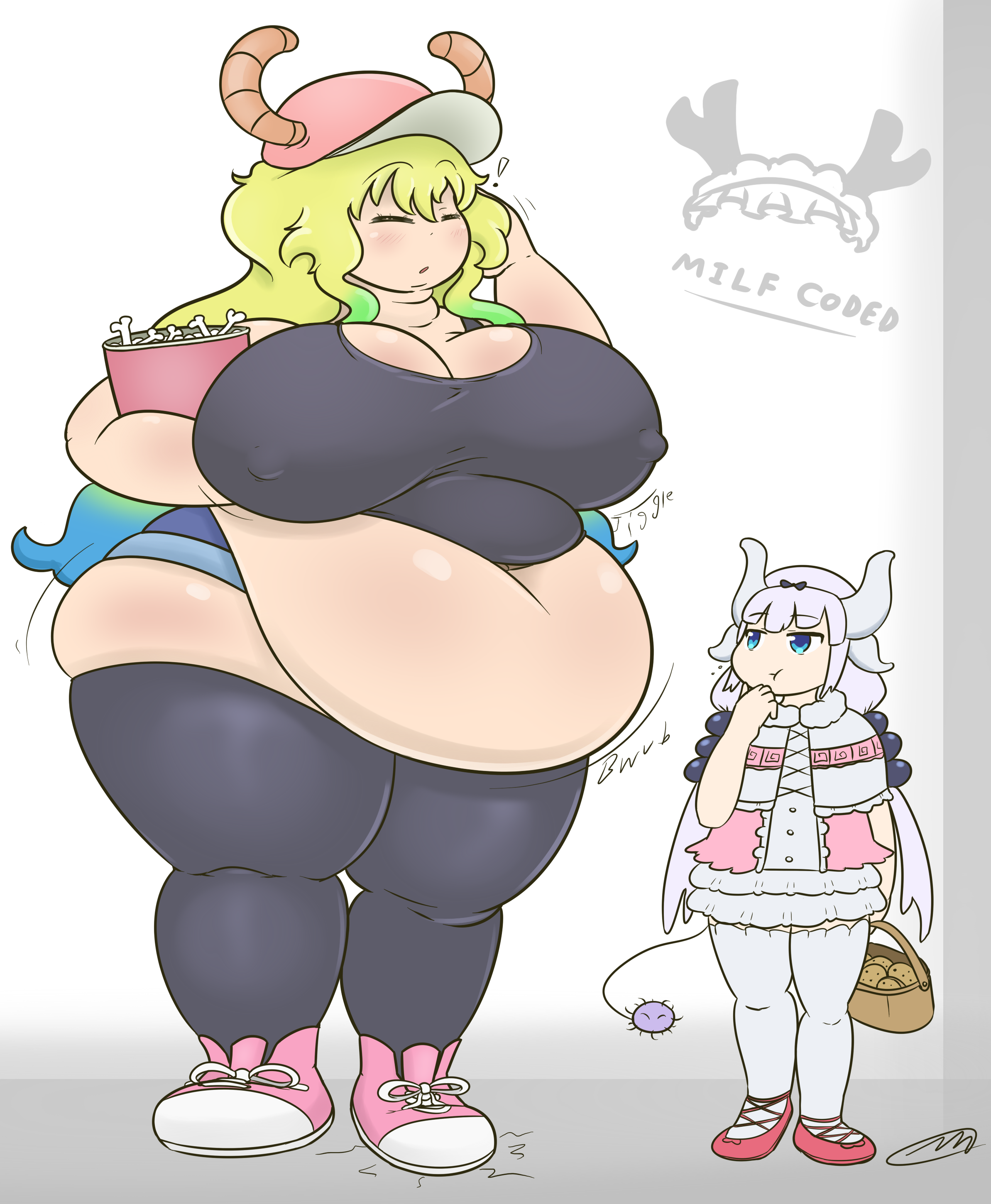 axlwisp, kanna kamui, quetzalcoatl (dragon maid), kyoto animation, !, 2girls, ass, belly, blonde hair, blue eyes, breasts, bucket of chicken, cap, cleavage, closed eyes, dragon, dragon girl, dress, exclamation point, fat, female, female focus, female only, hat, hips, horns, large ass, large breasts, larger female, nipple bulge, overweight, overweight female, shorts, smaller female, stockings, stomach, tail, tail tuft, thick thighs, thighs, wardrobe malfunction, white hair, wide hips, 
