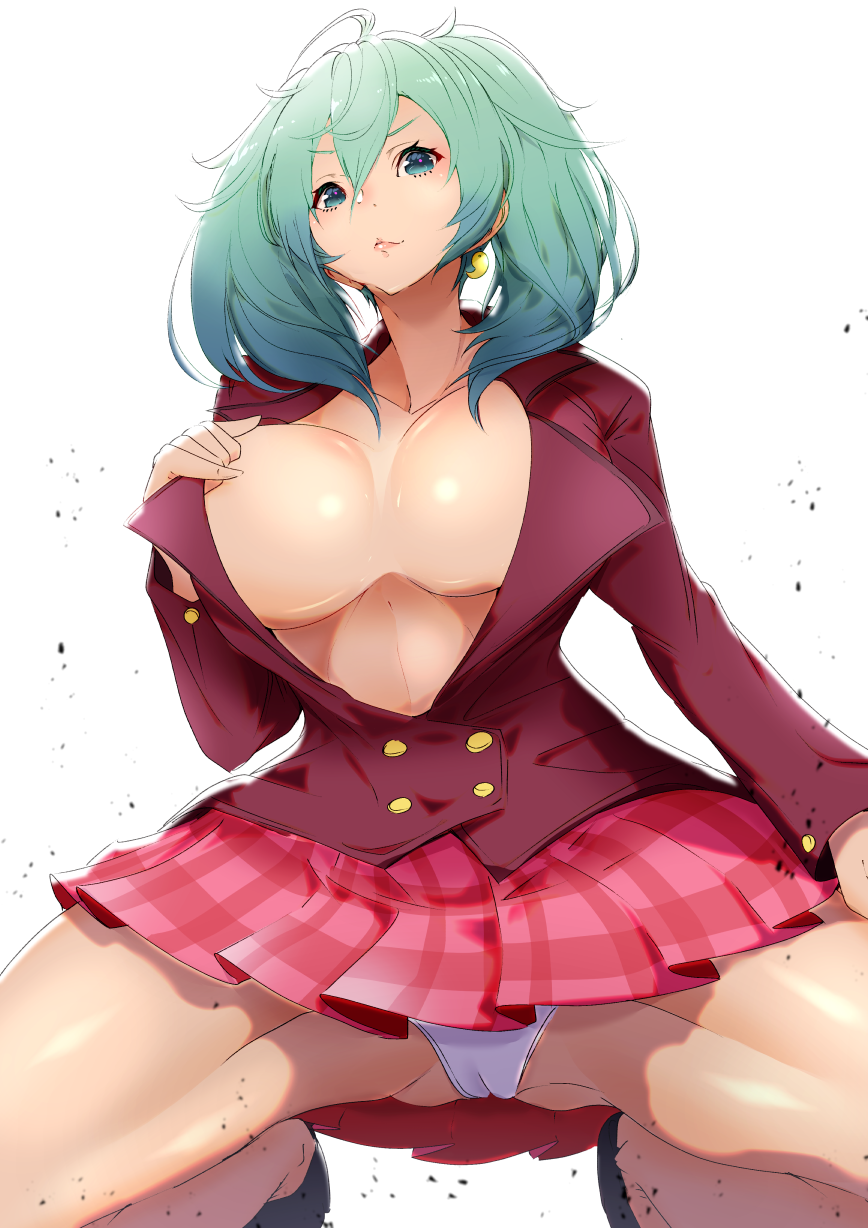 ryofu housen, ikkitousen, highres, white background, ahoge, backlighting, cameltoe, closed mouth, earrings, female, gradient, gradient hair, green eyes, green hair, hair between eyes, jewelry, long hair, magatama, magatama earrings, multicolored hair, panties, pink skirt, plaid, plaid skirt, sakusakusakurai, shiny, shiny skin, single earring, skirt, smile, solo, spread legs, twintails, underwear, white panties, 