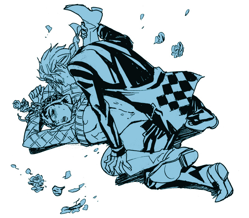 giorno giovanna, guido mista, vento aureo, 2boys, anal, arms above head, arms tied, big pecs, blush, bottomless, clothed male nude male, flower, legs held open, male only, missionary position, partially clothed, pecs, restrained, shirt lift, spread legs, struggling, toned, toned male, yaoi, 