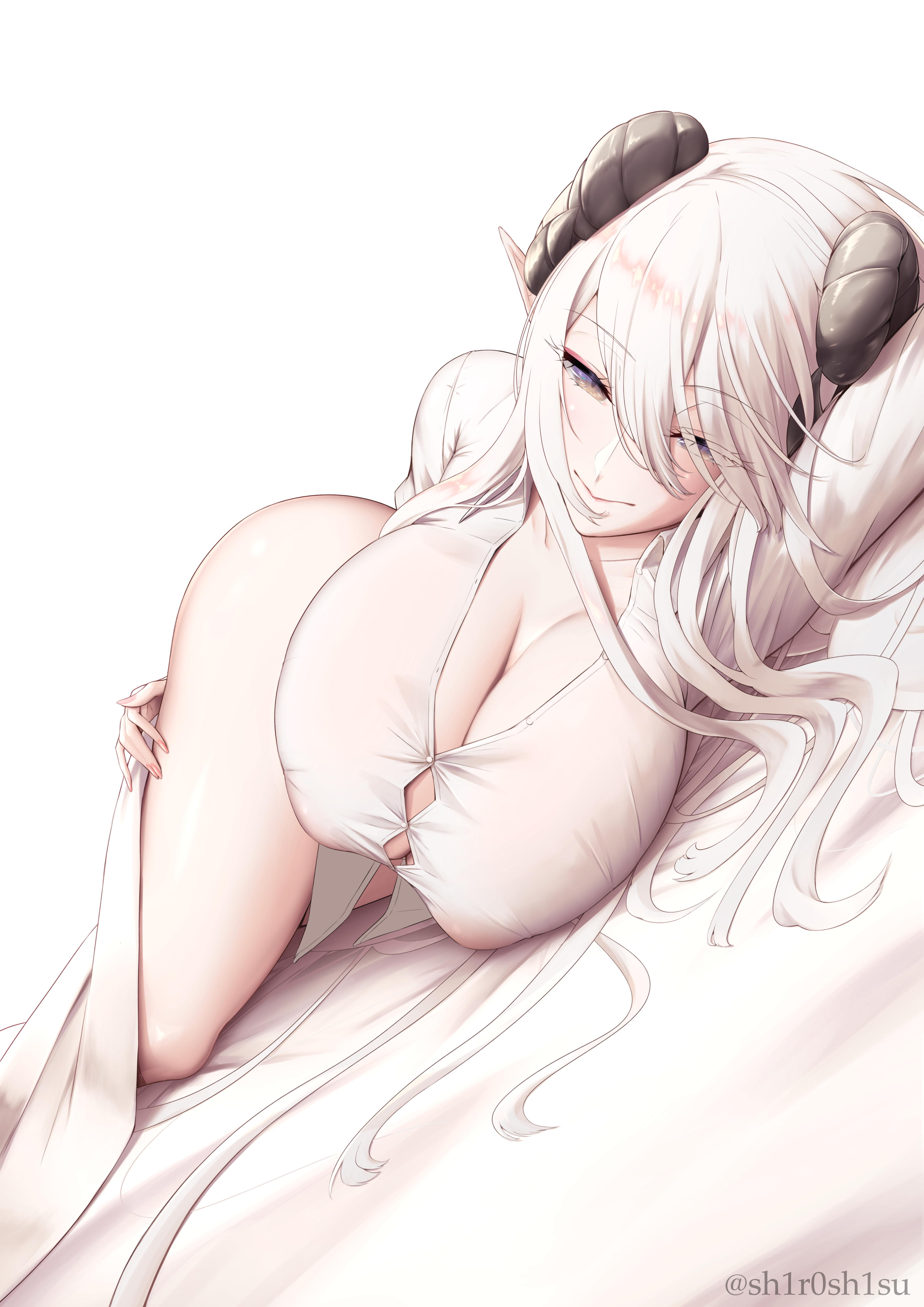 original, absurd res, highres, 1girls, ass, barefoot, barely contained, bed, blanket, breasts, busty, child bearing hips, clothing, curvaceous, curvy, elf ears, erect nipples, exhibitionism, female, female foclus, female only, hand on hip, horns, hourglass figure, huge ass, huge breasts, inviting, long hair, looking at viewer, lying, lying on back, lying on bed, nipples, pointy ears, seductive, seductive smile, shiroshisu, shirt, shirt only, smile, smiling at viewer, solo, solo female, suggestive, thick, thick ass, thick thighs, venus body, voluptuous, wide hips, 
