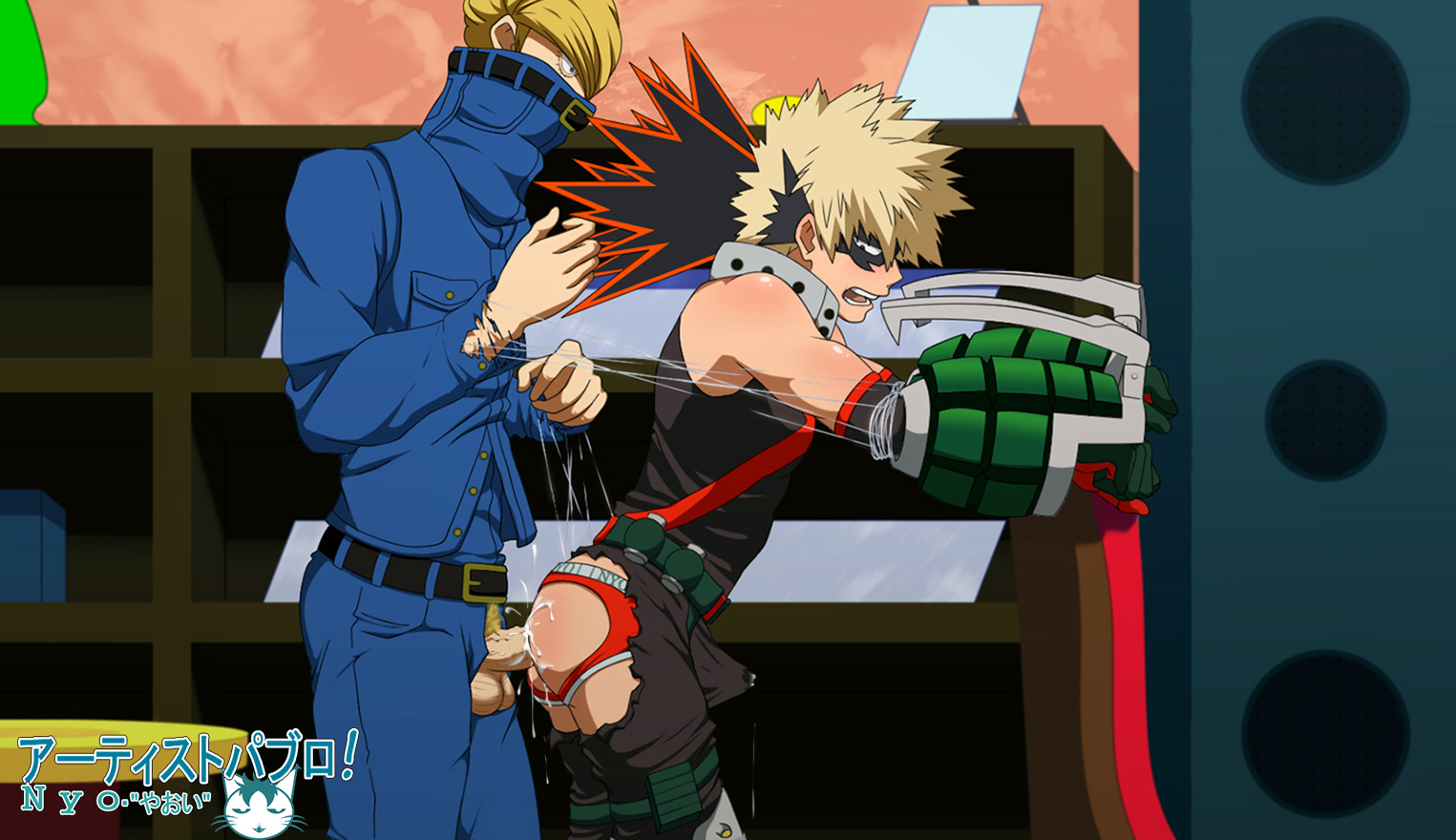 onoro nyo, katsuki bakugou, my hero academia, text, watermark, 2boys, against wall, anal, ass, blonde hair, cum, cumdrip, gay, human, jockstrap, male, male focus, male only, mask, multiple boys, penetration, sex, torn clothes, tsunagu hakamata, underwear, yaoi, 