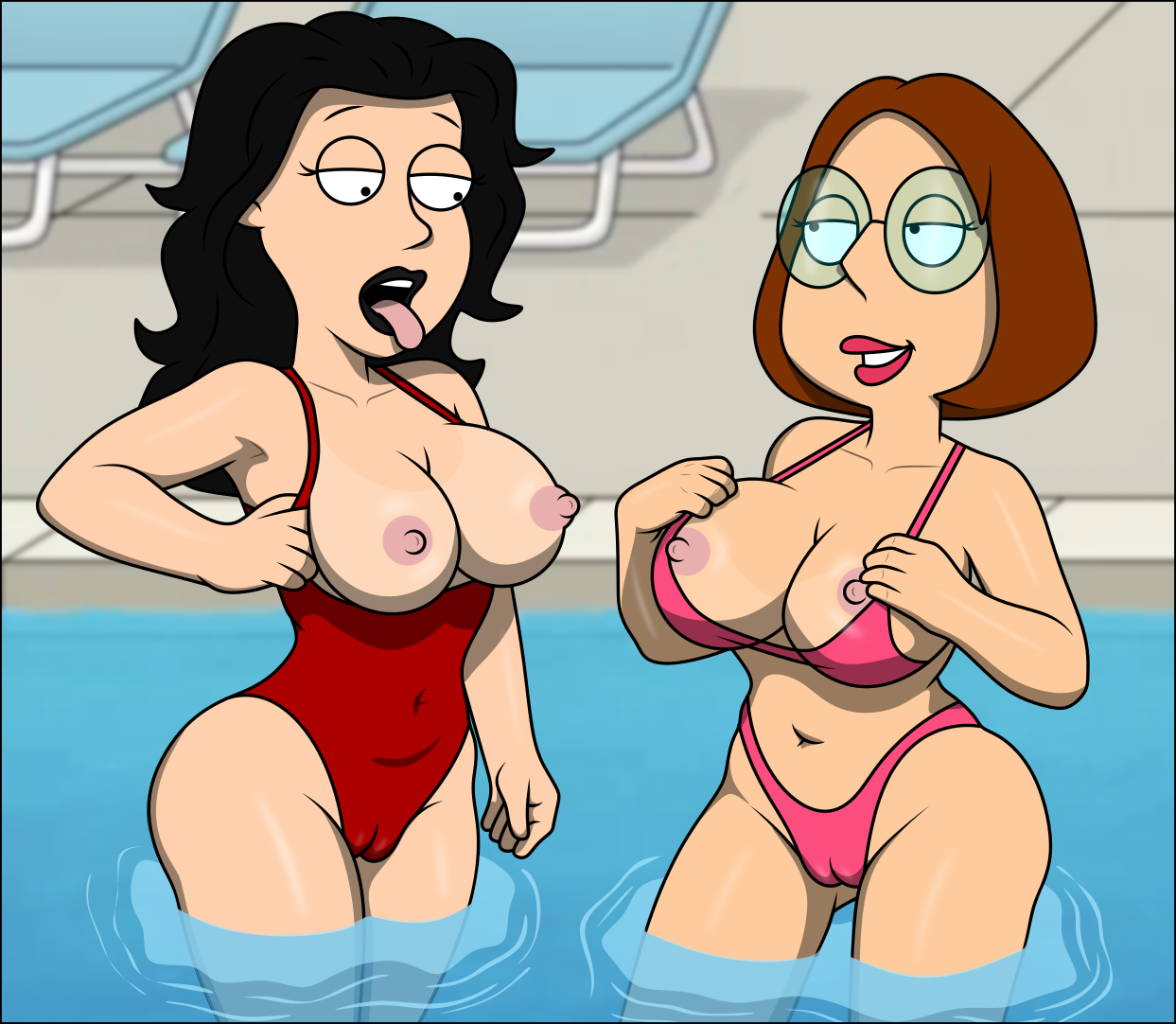 2girls ahe_gao big_breasts bikini breasts brown_hair cameltoe curvy family_guy female glasses large_breasts meg_griffin multiple_females multiple_girls nerd nerdy_female one-piece_swimsuit pink_bikini pool pussy red_swimsuit sexfightfun sexfightfun_(character) smile smiley_face swimming_pool swimsuit tan_line water