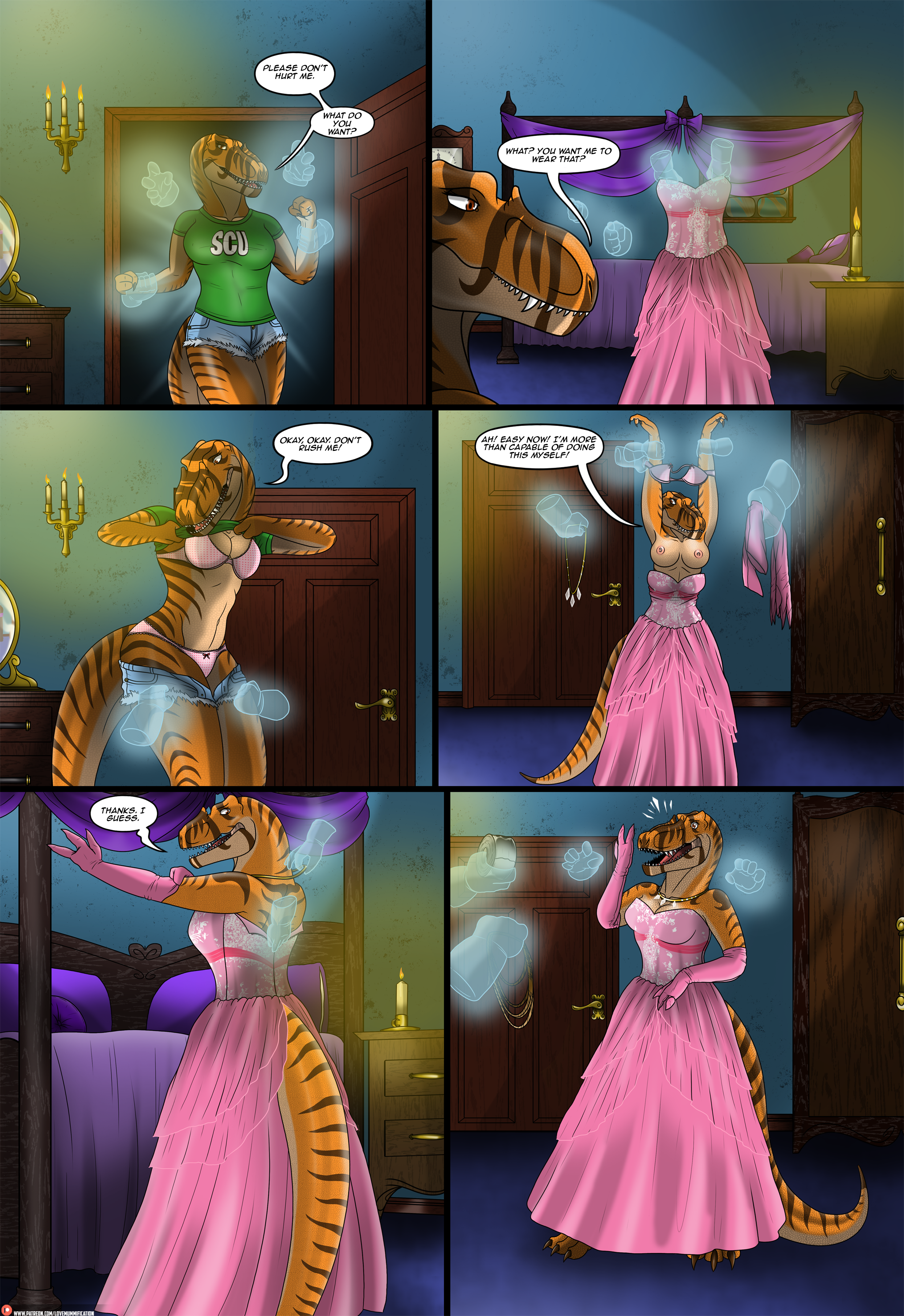 absurd res, comic, hi res, speech bubble, allosaurid, amber (raphael), anthro, bed, bedroom, bottomwear, bra, candle, capture, captured, clothing, cutoff jeans, darkroom, dialogue, dinosaur, door, dress, female, furniture, ghost, group, inside, jewelry, kidnapping, long sleeve gloves, lovemummification, panties, reptile, rope, scalie, scard, shocked, shorts, spirit, striped body, stripes, tape, theropod, topwear, underssing, underwear, 