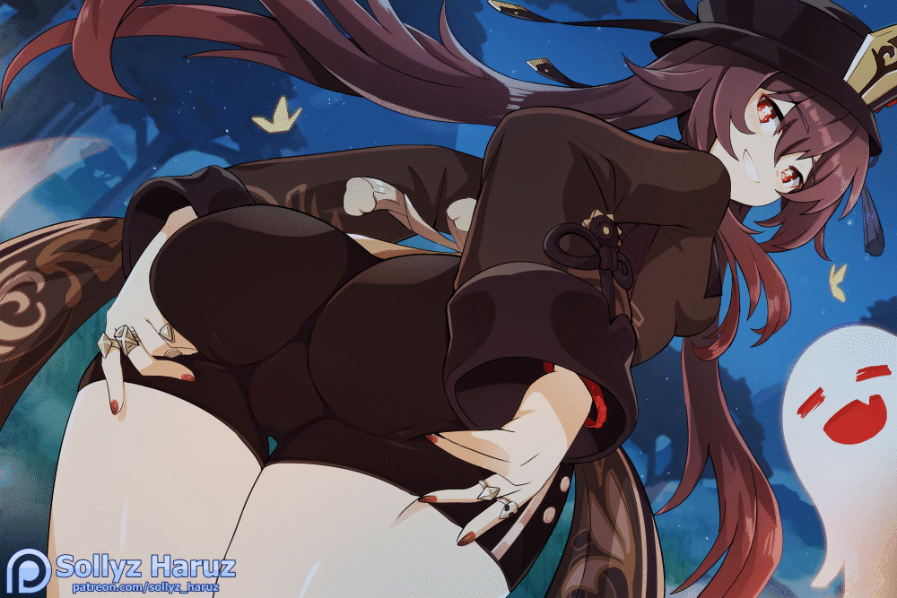 +_+ animated artist_name ass ass_focus black_hat black_shorts blinking boo_tao_(genshin_impact) breasts brown_hair bug butterfly closed_eyes commentary cowboy_shot english_commentary female from_behind genshin_impact ghost grabbing_own_ass half-closed_eyes hat hu_tao_(genshin_impact) jewelry long_sleeves looking_at_viewer multicolored_hair nail_polish night night_sky oerba_yun_fang open_mouth patreon_logo patreon_username red_eyes red_hair red_nails ring short_shorts shorts sky small_breasts smile sollyz solo standing tree trefoil twintails two-tone_hair watermark web_address