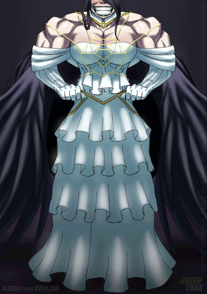 1girls albedo_(overlord) animated barefoot black_hair breasts broad_shoulders dress drooling extreme_muscles face_out_of_frame female female_only greentark46 grin large_breasts muscles muscular muscular_arms muscular_female muscular_legs muscular_shoulders overlord_(maruyama) saliva solo solo_female strapless strapless_dress teeth thick_thighs white_dress