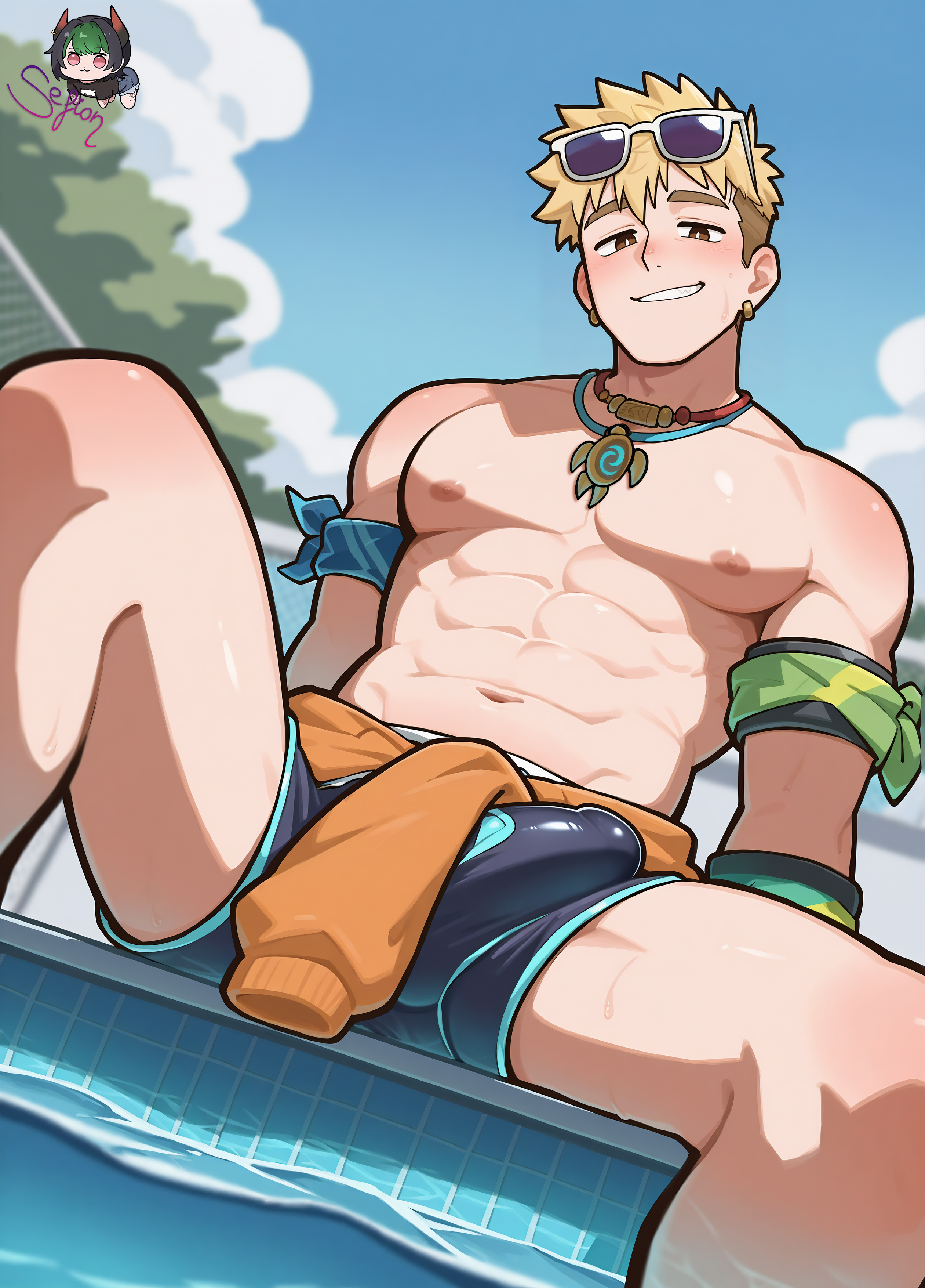 1boy abs ai_assisted ai_generated armband black_male_swimwear blizzard_entertainment blonde_hair blue_sky blush brown_eyes bulge clothes_around_waist clothing cloud day earrings erection erection_under_clothes eyewear_on_head jacket jacket_around_waist jewelry large_pectorals looking_at_viewer male male_focus male_swimwear muscle muscular muscular_male navel necklace nipples outdoors overwatch overwatch_2 pectorals pool poolside sefionnsfw self_upload short_hair signature sitting sky smile solo solo_focus spread_legs sunglasses swim_briefs topless_male undercut water wuyang