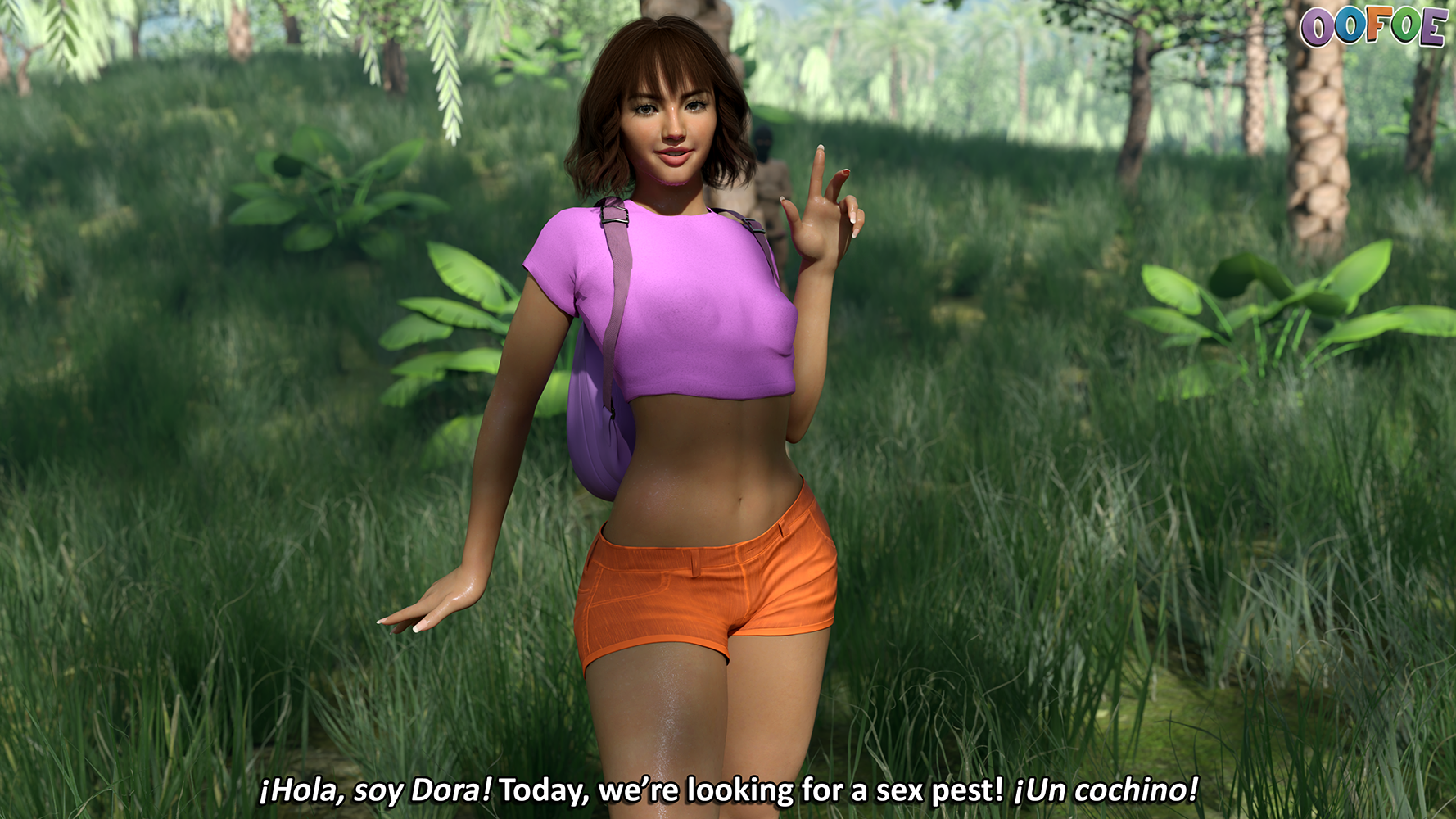 1boy 1girls 3d 3d_(artwork) 3d_render backpack breaking_the_fourth_wall brown_hair crop_top daz3d daz_studio dialogue dora_and_the_lost_city_of_gold dora_marquez dora_the_explorer english english_dialogue english_text female fourth_wall fourth_wall_broken imminent_rape isabela_merced jungle male midriff oofoe orange_shorts outdoors pink_shirt self_upload short_hair shorts spanish spanish_dialogue spanish_text subtitled sweat sweating sweaty talking_to_viewer tan-skinned_female tan_skin when_you_see_it