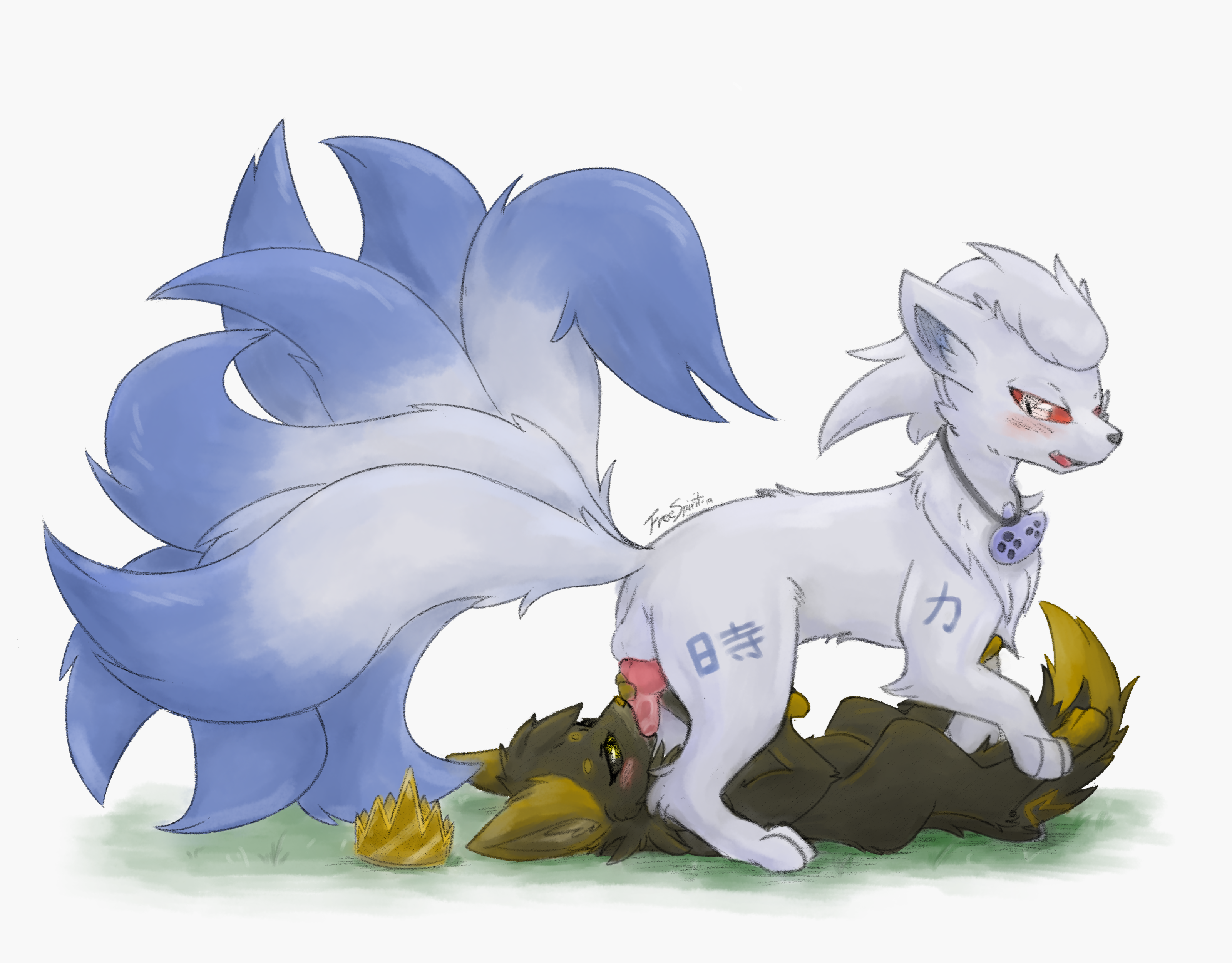 2019 absurd_res animal_genitalia animal_penis balls black_body black_fur black_sclera blue_body blue_fur blush bodily_fluids canid canine canine_genitalia canine_penis canis cjk_character crown digital_media_(artwork) duo erection fellatio female female_on_bottom female_penetrated freespirit59 fur generation_1_pokemon genital_fluids genitals gold_(l01270906) grey_body grey_fur headgear hi_res knot lying male male/female male_on_top male_penetrating male_penetrating_female mammal multi_tail musical_instrument nathaniel_vinkolt ninetales nintendo no_humans ocarina on_bottom on_top open_mouth oral oral_penetration penetration penile penile_penetration penis penis_in_mouth pokemon pokemon_(species) questionable_consent red_eyes sex shiny_ninetales shiny_pokemon simple_background size_difference tail wind_instrument wolf