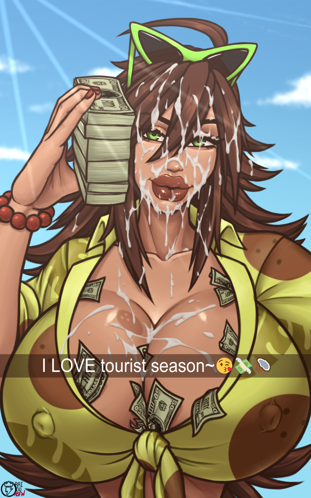 1girls after_sex big_lips birthmark birthmark_on_breasts bracelet breasts brown_hair busty camila_(investorinlewds) cash cleavage clothed cum cum_on_breasts cum_on_face dark-skinned_female dark_skin facial female full_lips green_eyes huge_breasts large_breasts looking_at_viewer money money_in_cleavage money_in_clothing nipple_bulge plump_lips raiounsfw seductive seductive_look selfie snapchat snapchat_filter stack_of_money sunglasses sunglasses_on_head tied_shirt