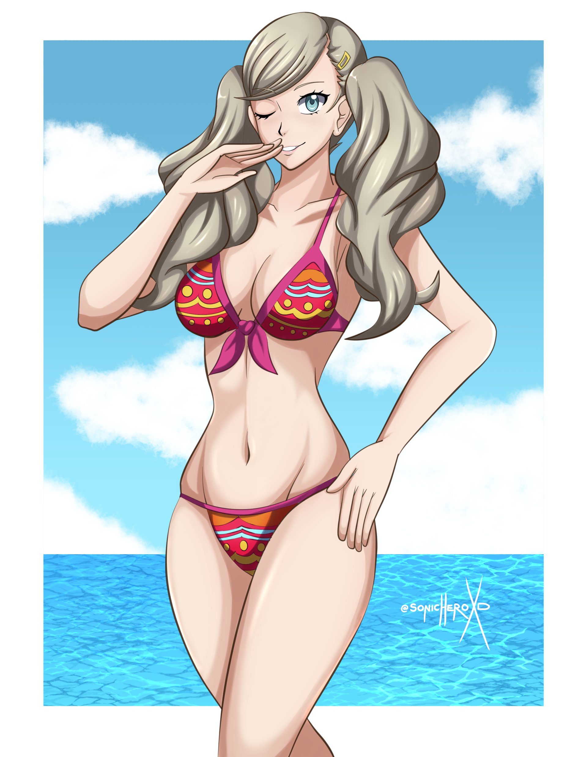 ann takamaki, persona, persona 5, 1girl, beach, bikini, breasts, clouds, female, grey hair, lipstick, one eye closed, public, solo, sonicheroxd, swimsuit, teeth, twintails, water, white skin, winking, winking at viewer, 